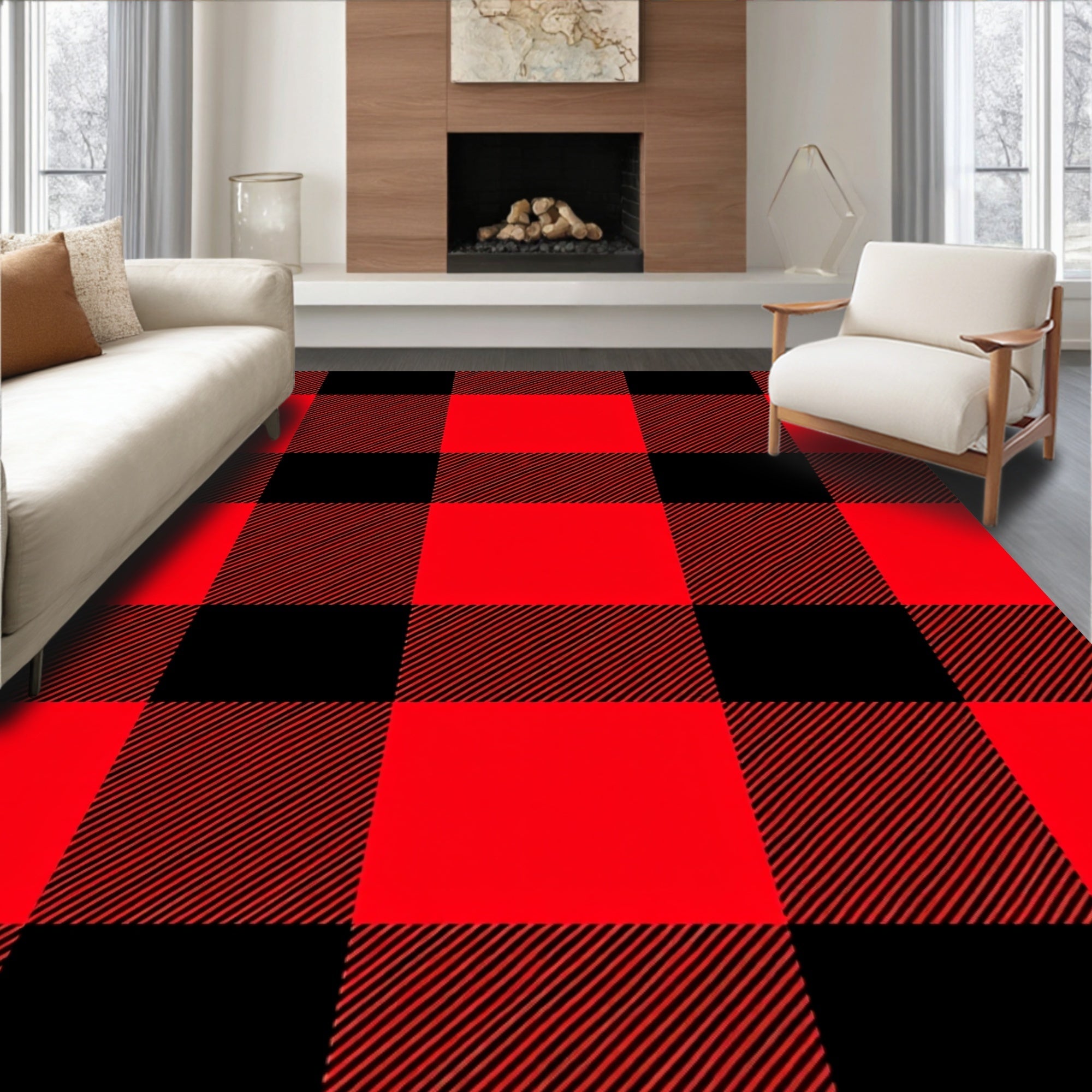 Crimson Black Plaid Squares Rug