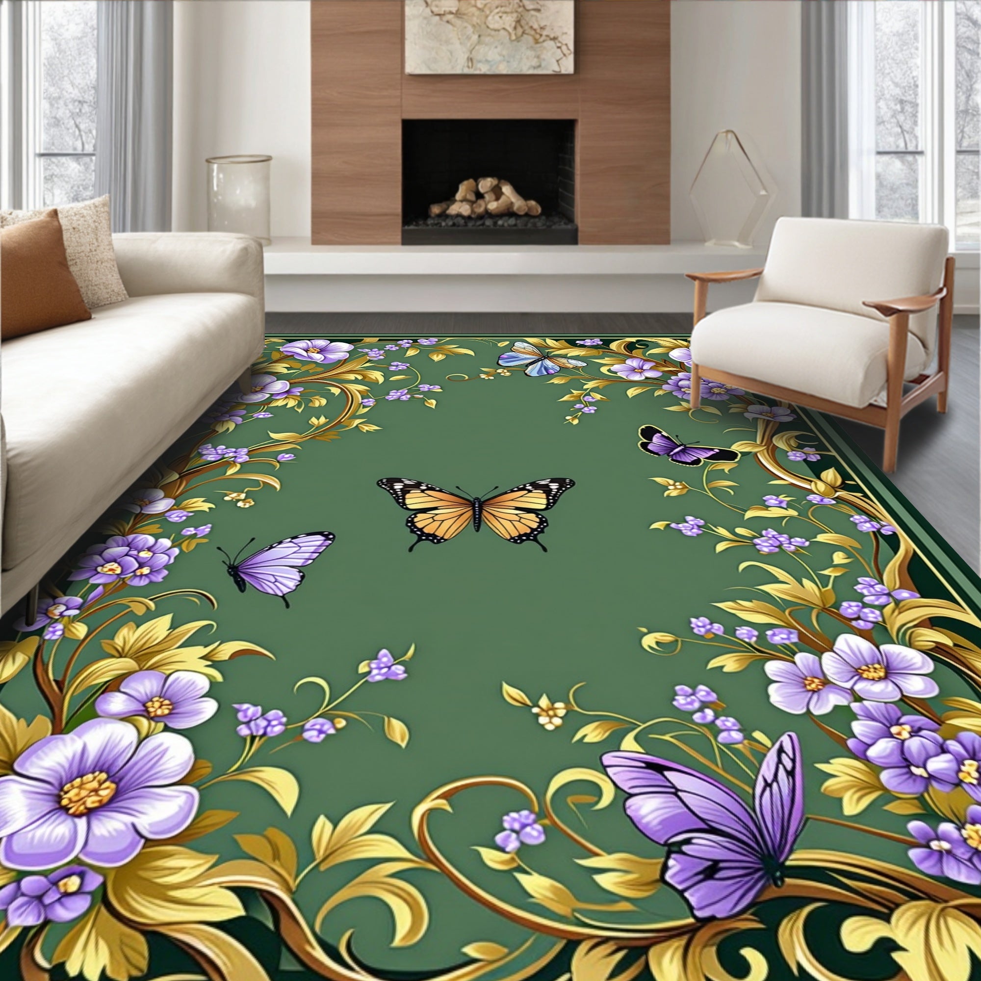Whimsical Butterflies Floral Swirls Rug