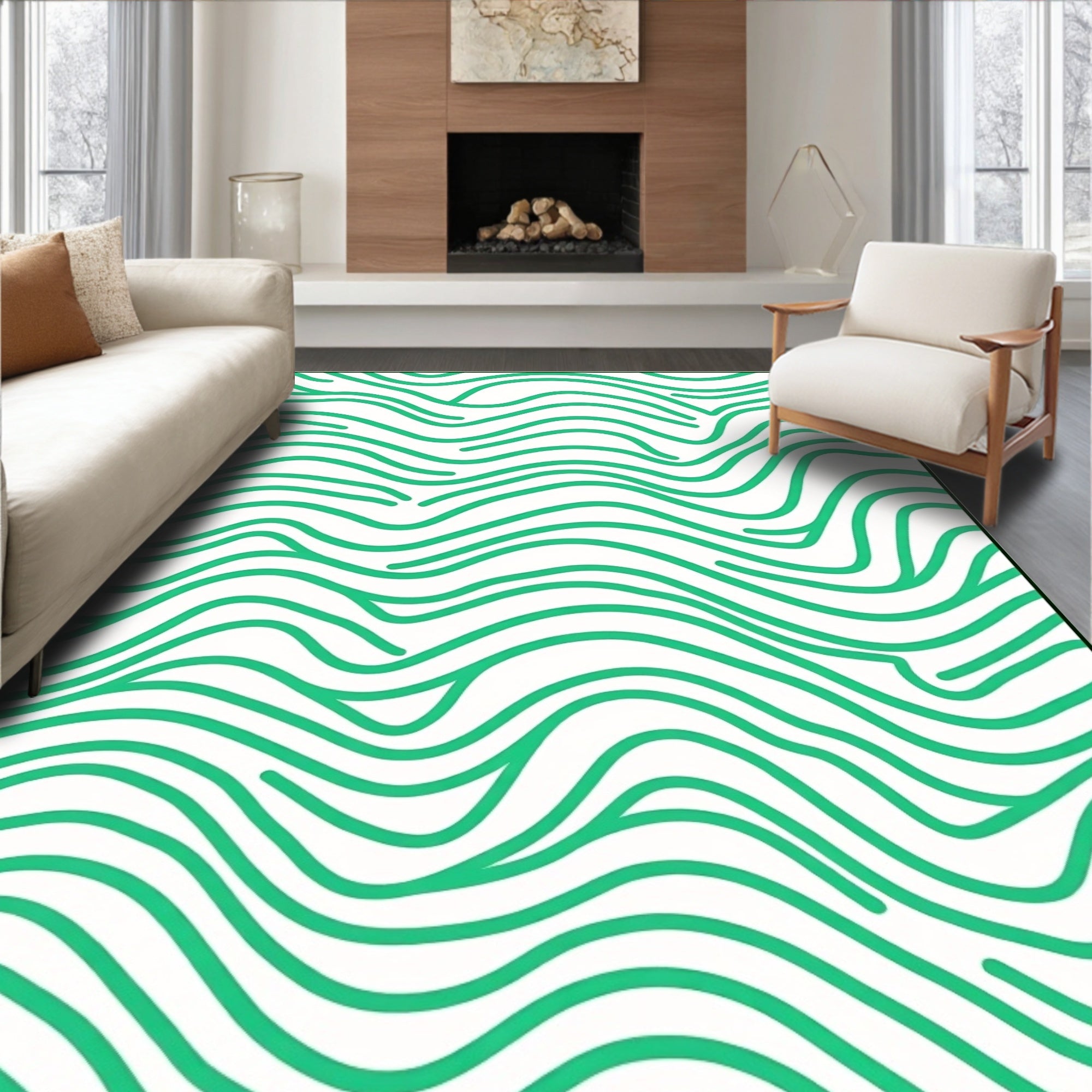 Green Wavy Lines Abstract Rug