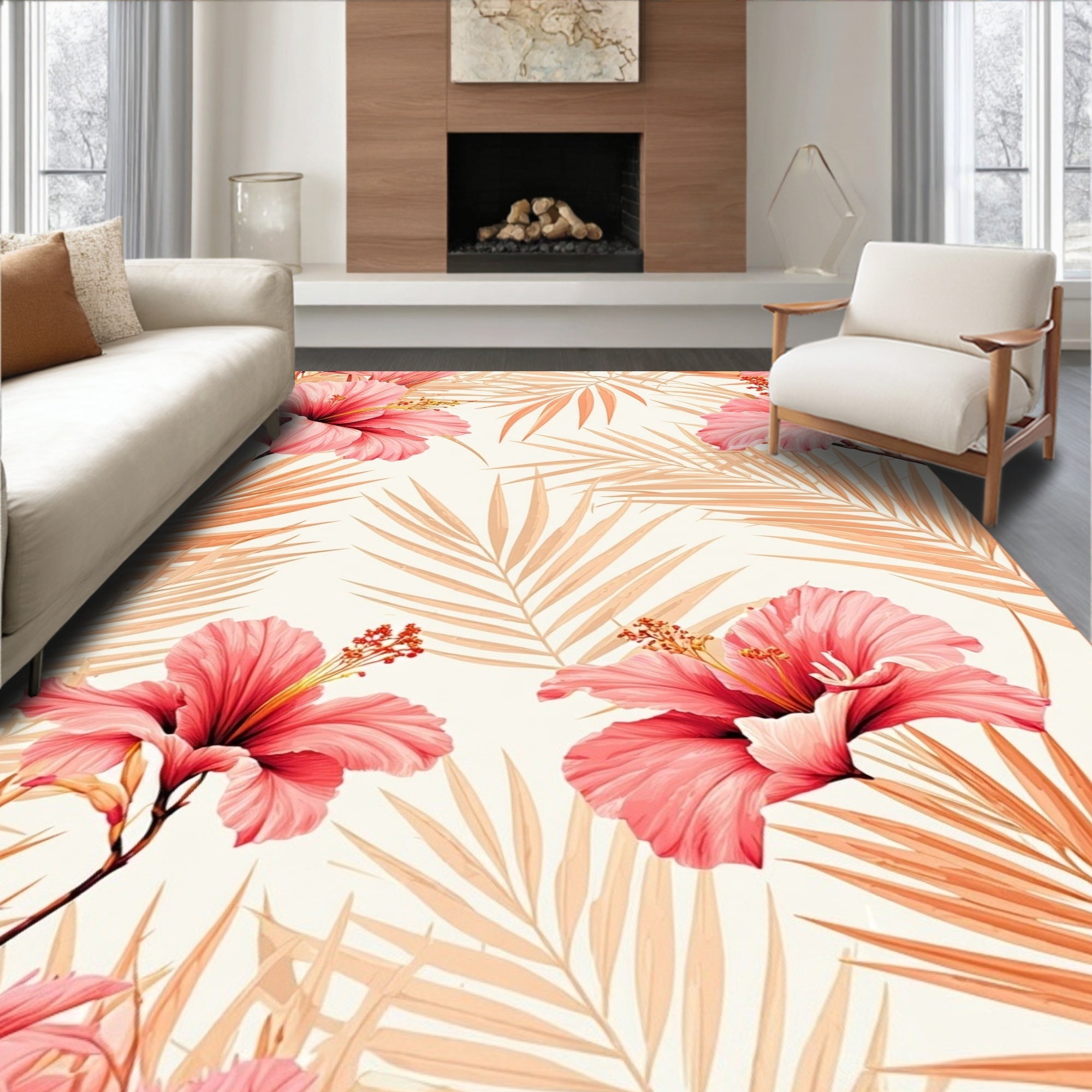 Tropical Hibiscus Palm Leaf Pattern Rug