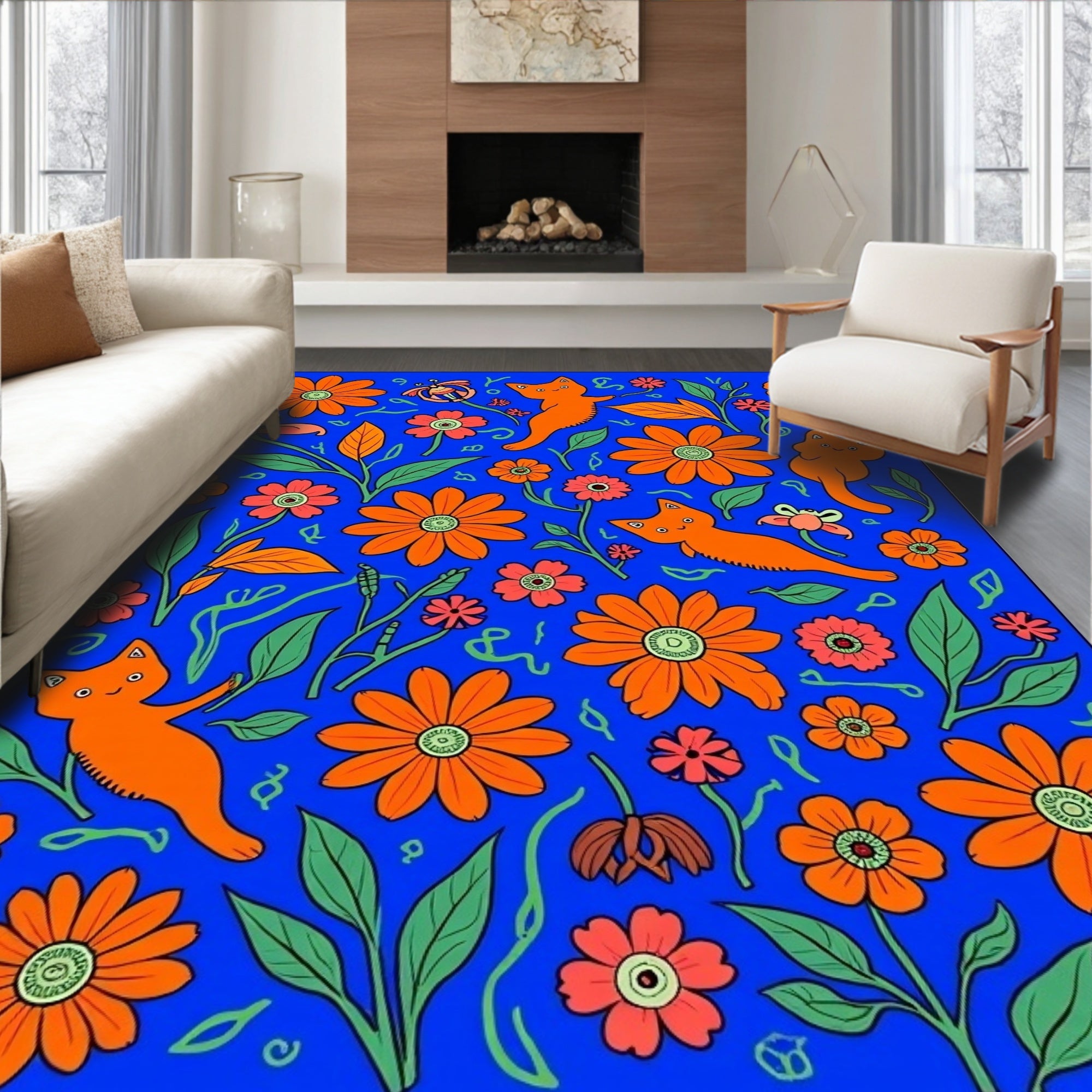 Whimsical Orange Cats And Flowers Pattern Rug