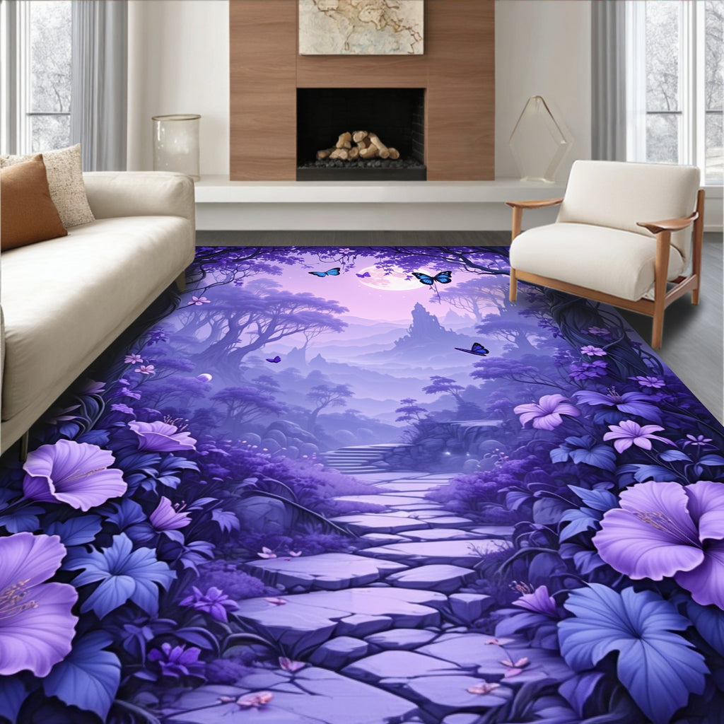 Enchanted Purple Forest Butterfly Scene Rug