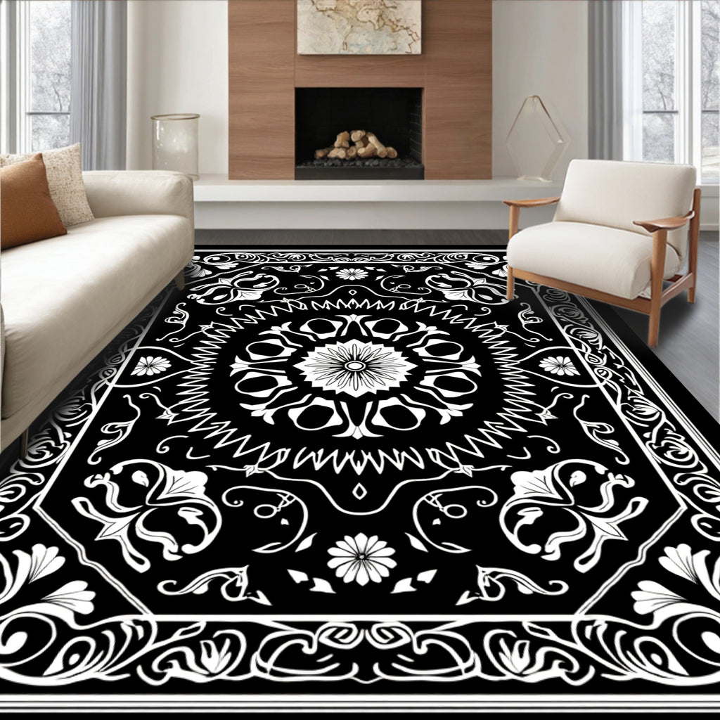 Ornate Floral Patterned Black White Rug