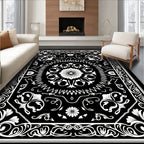 Ornate Floral Patterned Black White Rug