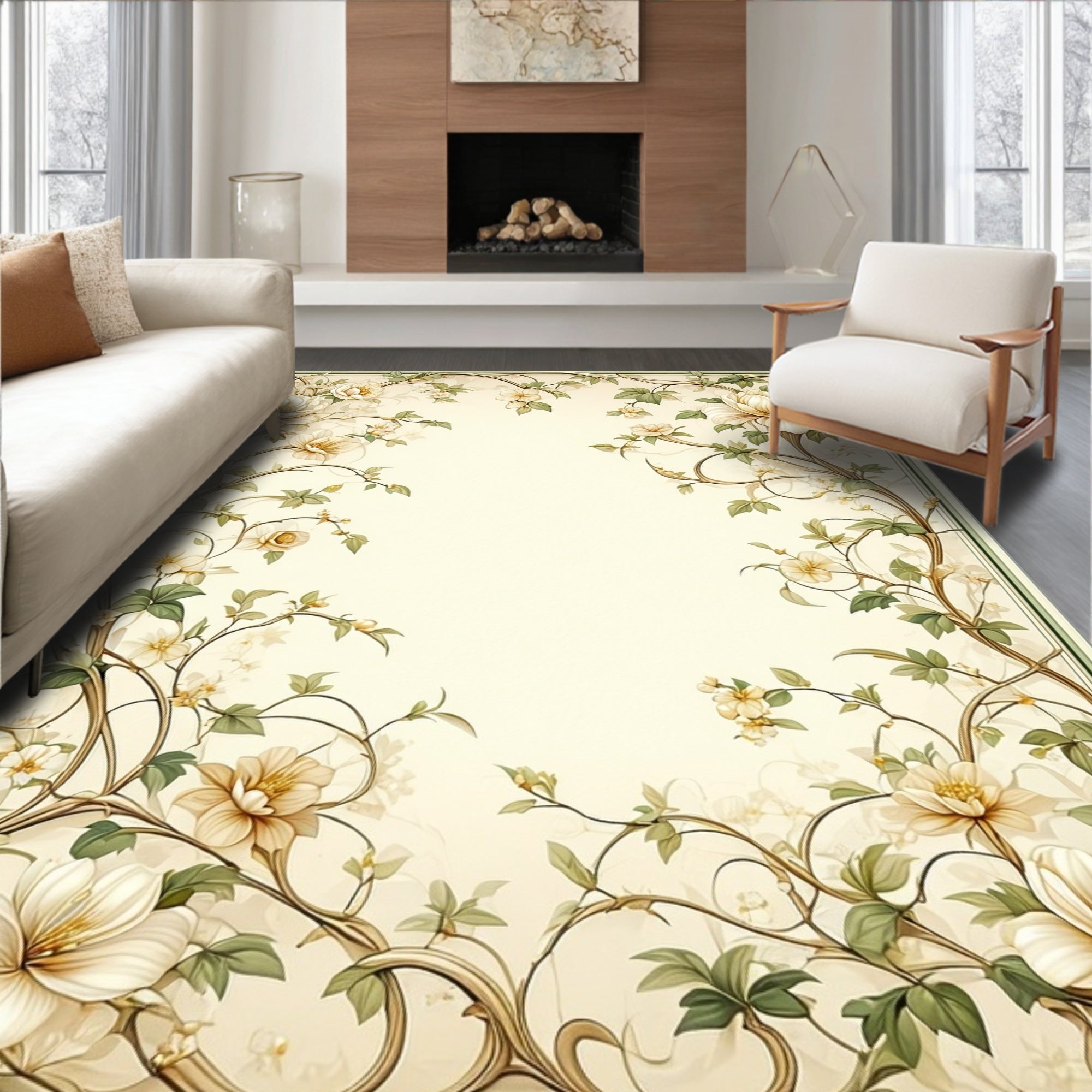 Cream Floral Vines Scroll Pattern Rug