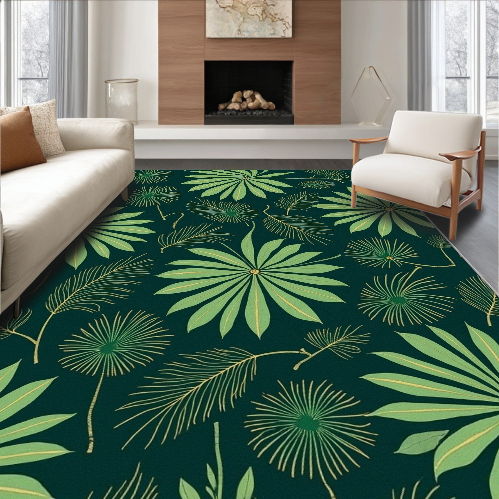 Leafy Botanical Pattern With Gold Accents Rug