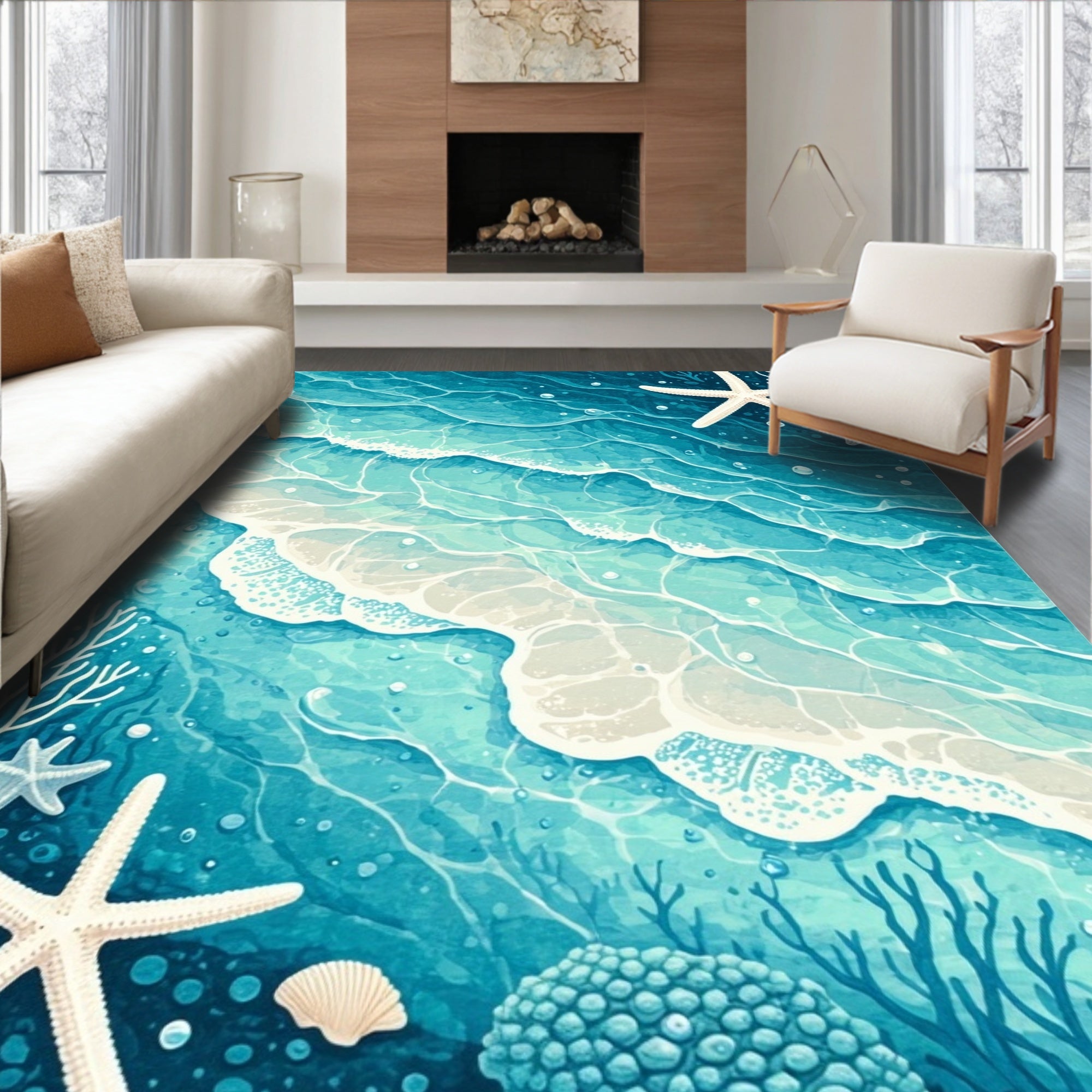 Ocean Wave Starfish Coral Design Rug