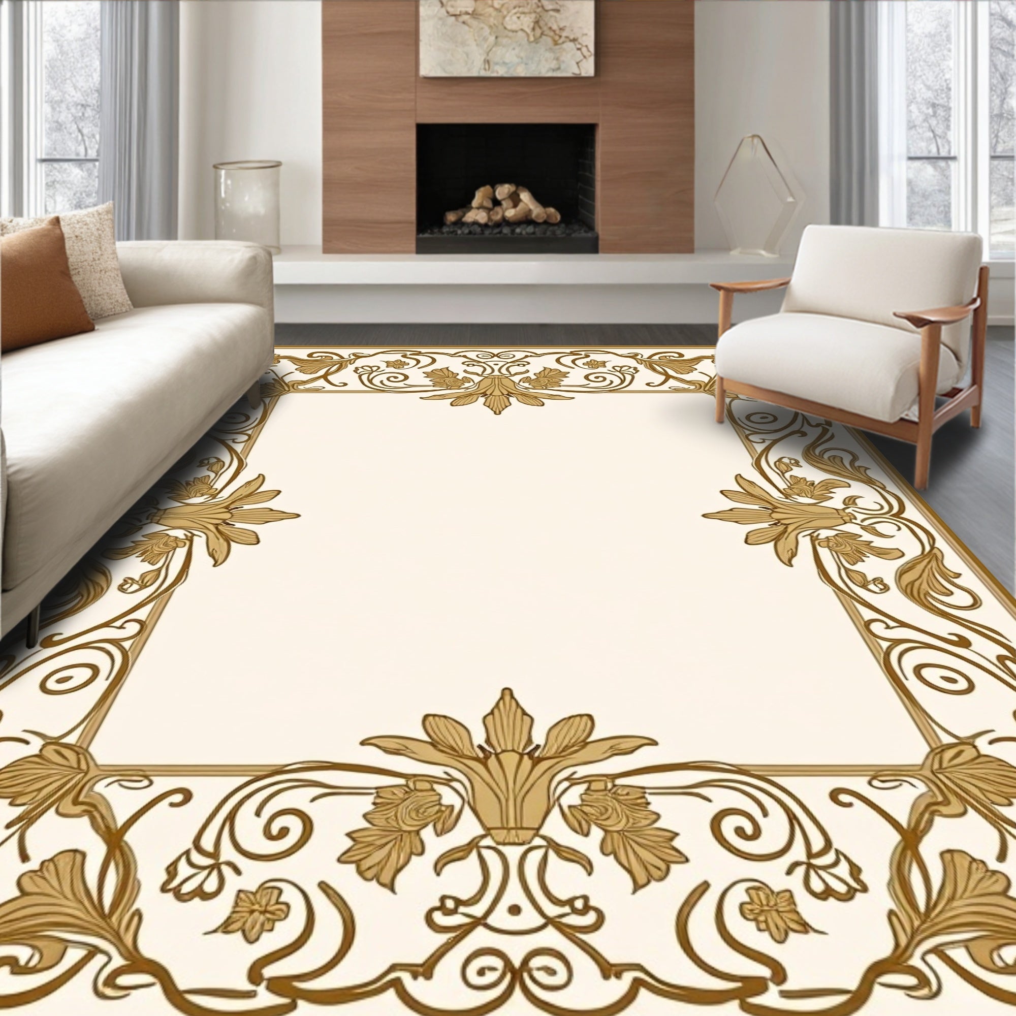 Elegant Gold Floral Art Nouveau Frame Rug