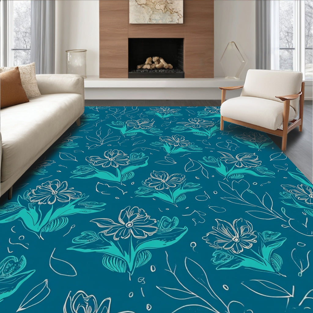 Teal Floral Sketch Pattern Rug