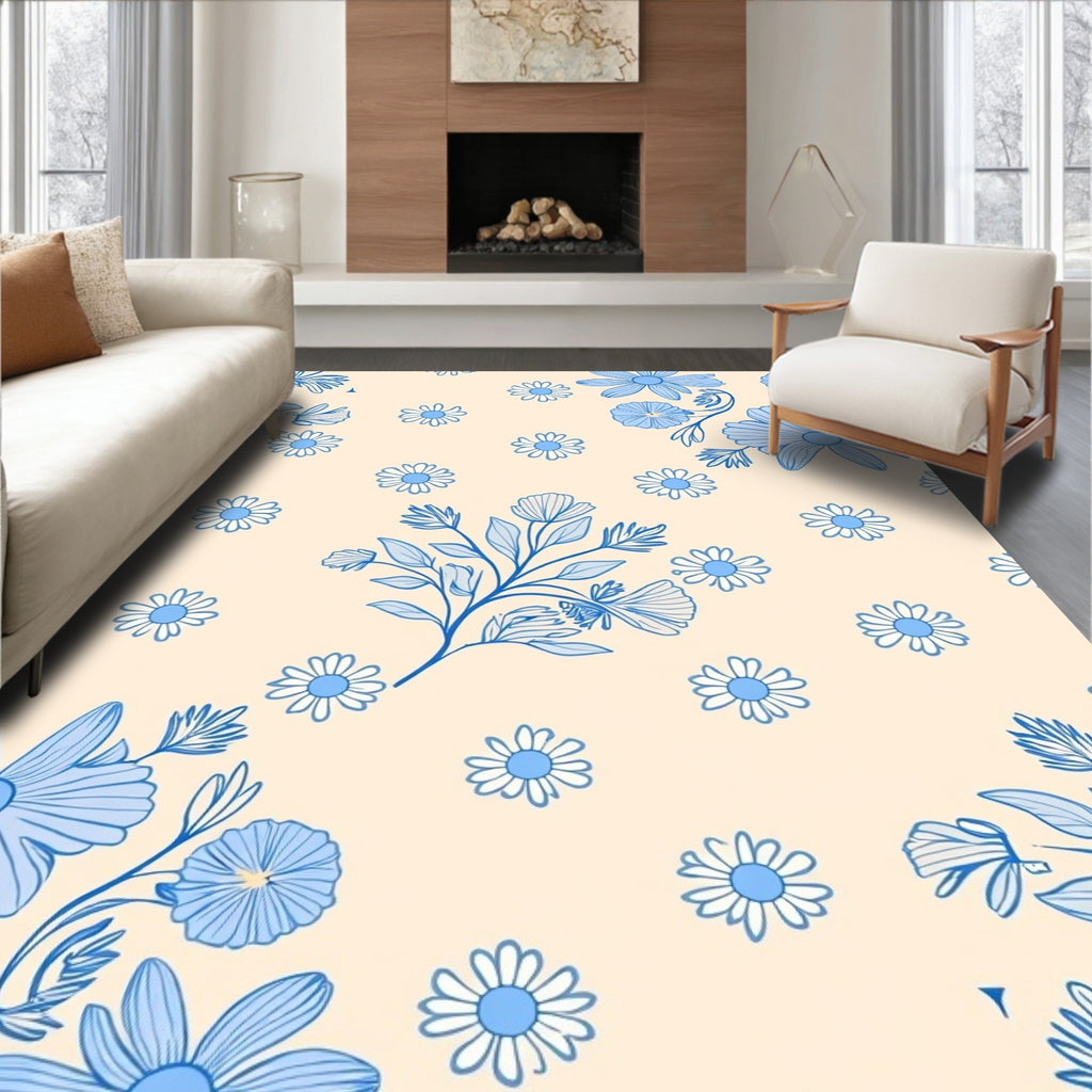 Blue Floral Pattern with Daisy Accents Rug