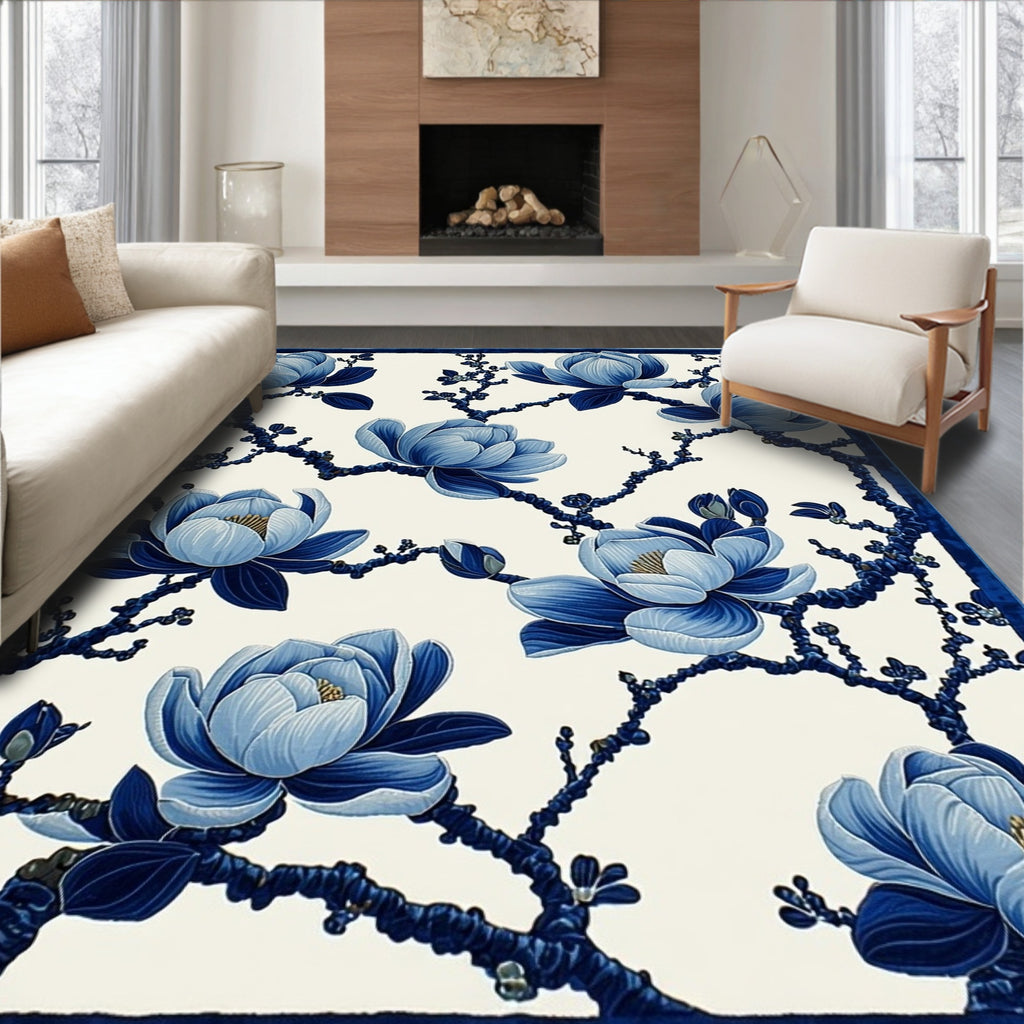 Blue Floral Branch Pattern Rug