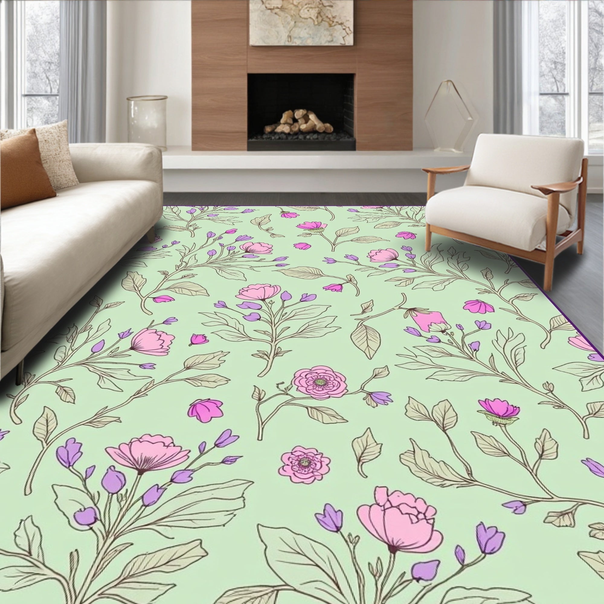 Delicate Floral Botanical Vine Pattern Rug
