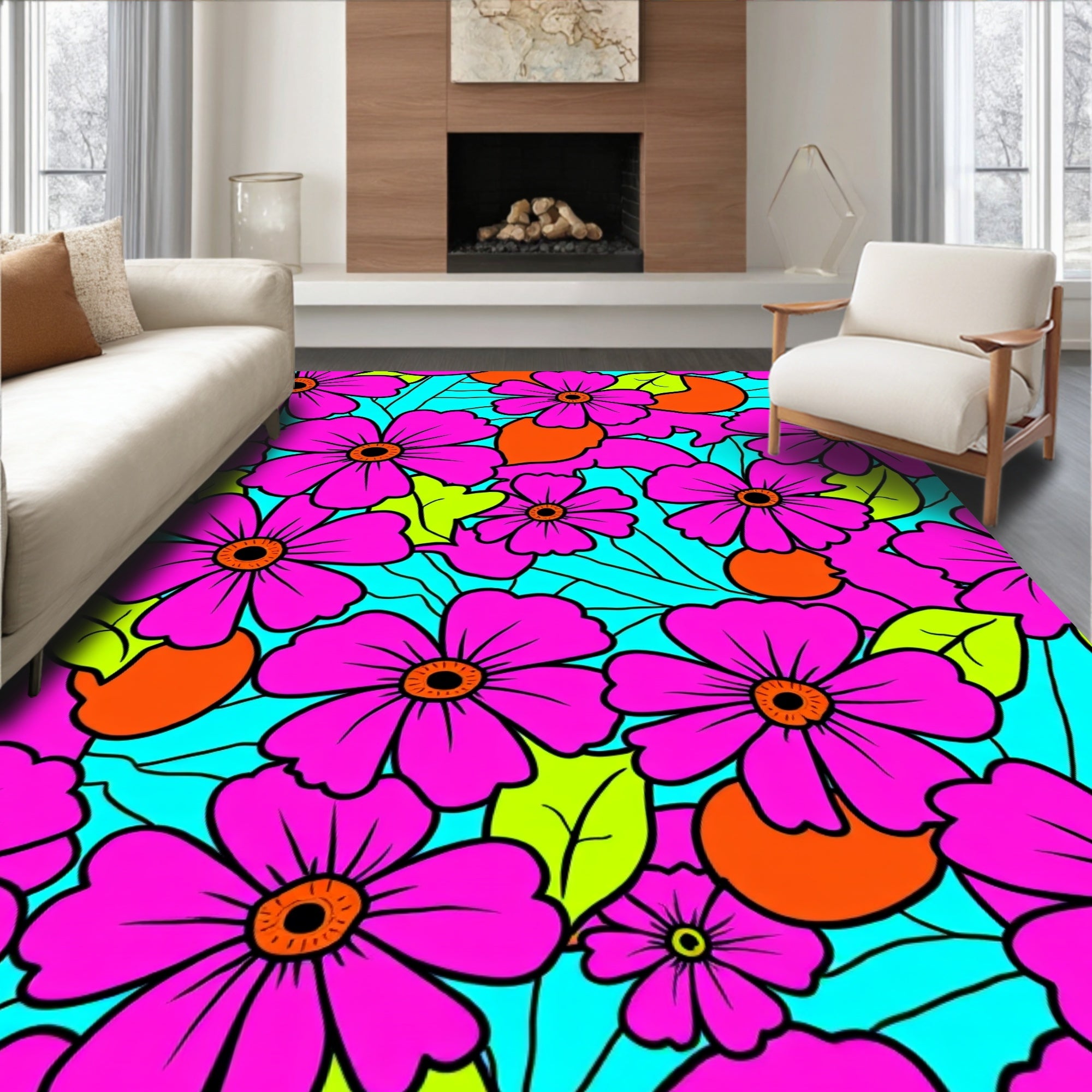 Bright Pink Flower Pattern Design Rug