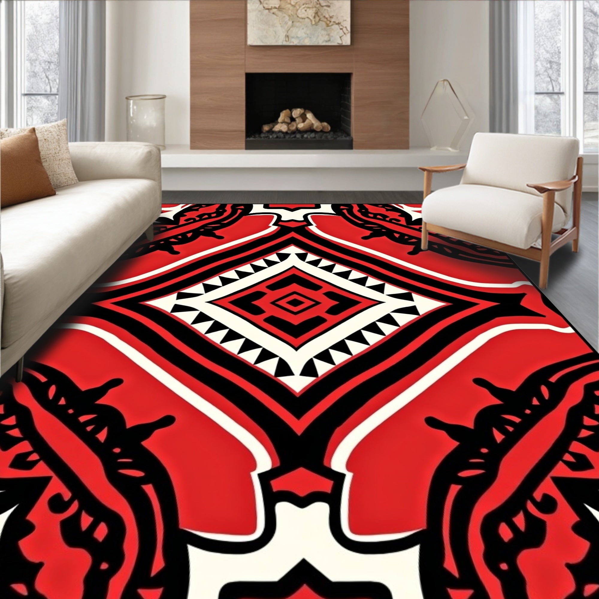Bold Red Black White Tribal Pattern Rug