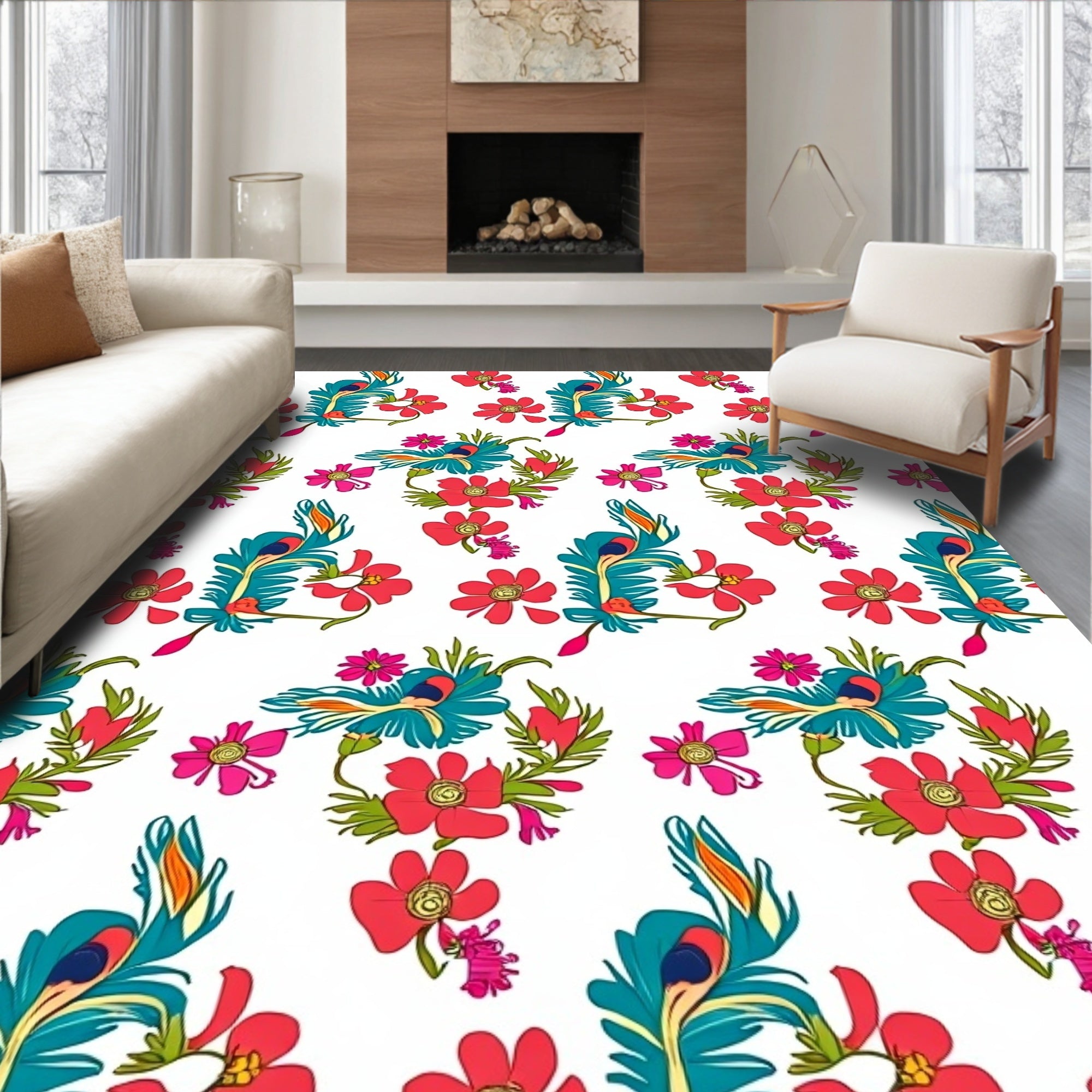 Turquoise Peacock Feather Floral Pattern Rug