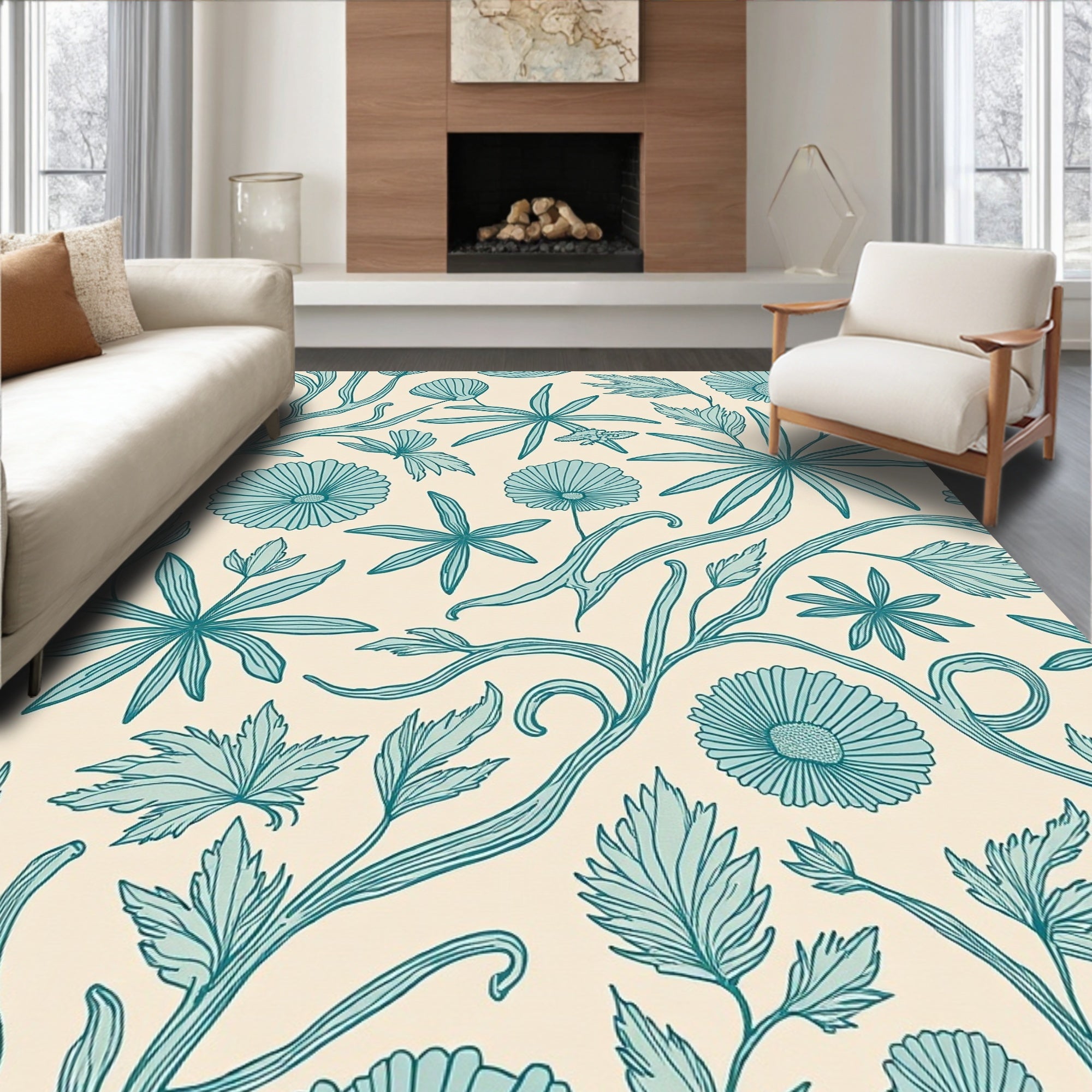Teal Vintage Floral Pattern Rug