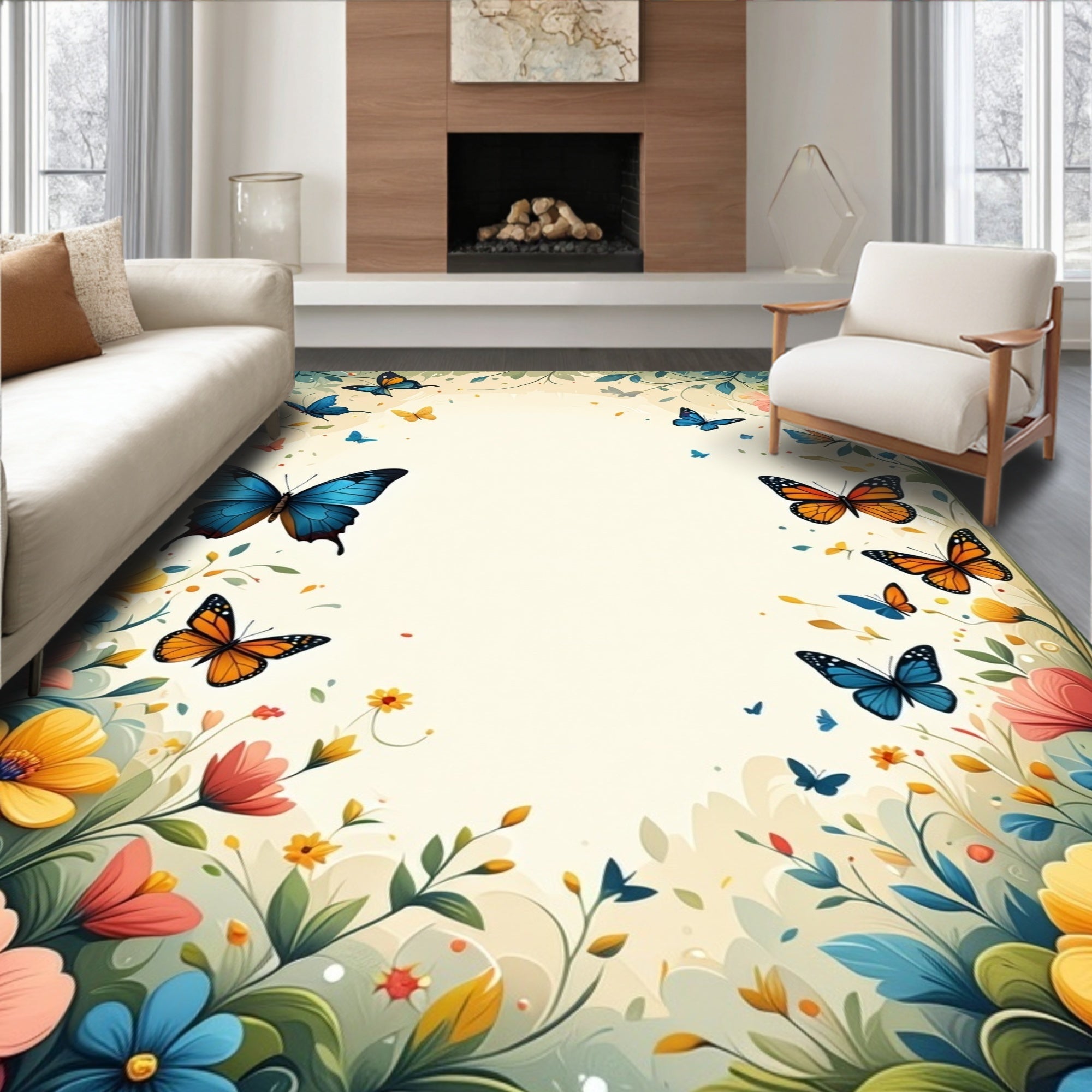 Whimsical Butterflies and Flowers Pattern Rug