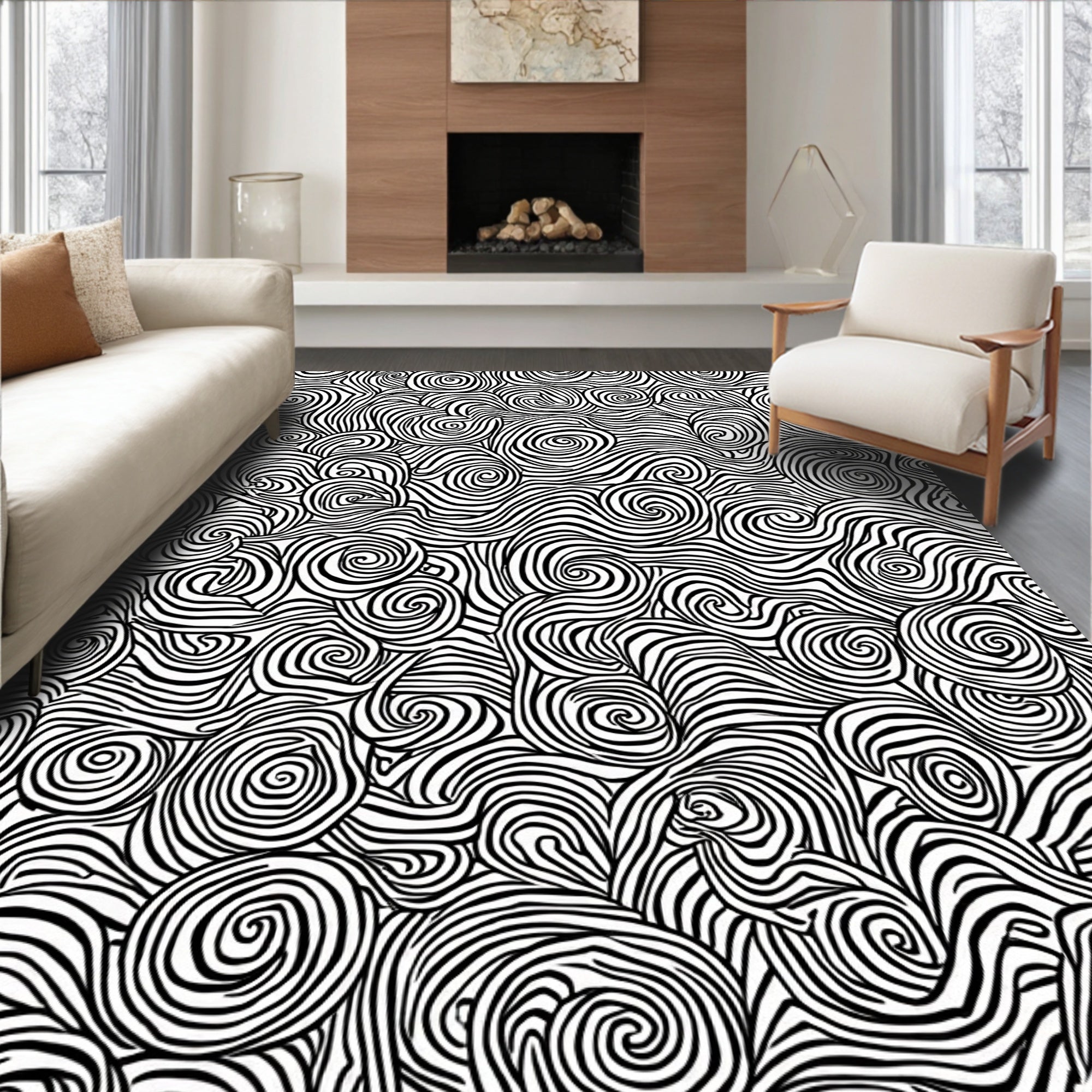 Abstract Swirl Black And White Design Rug