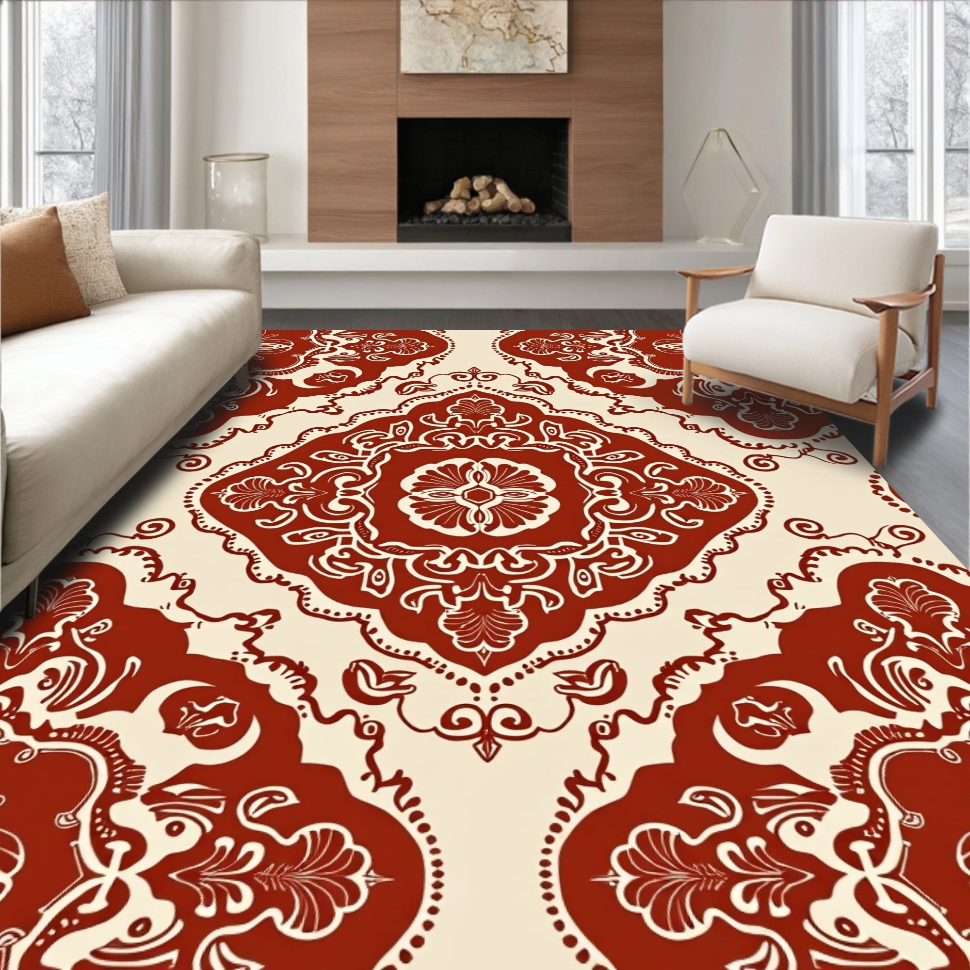 Ornate Red Lace Inspired Medallion Pattern Rug