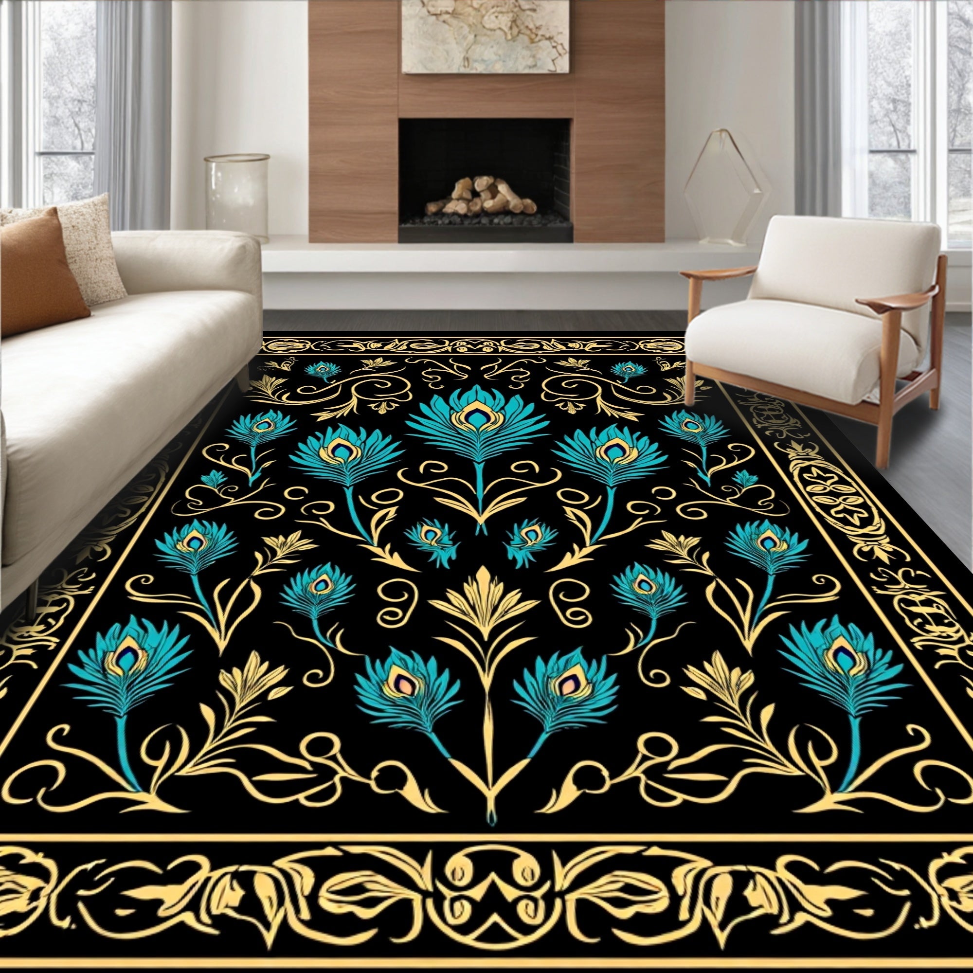 Exotic Teal Peacock Feather Pattern Rug