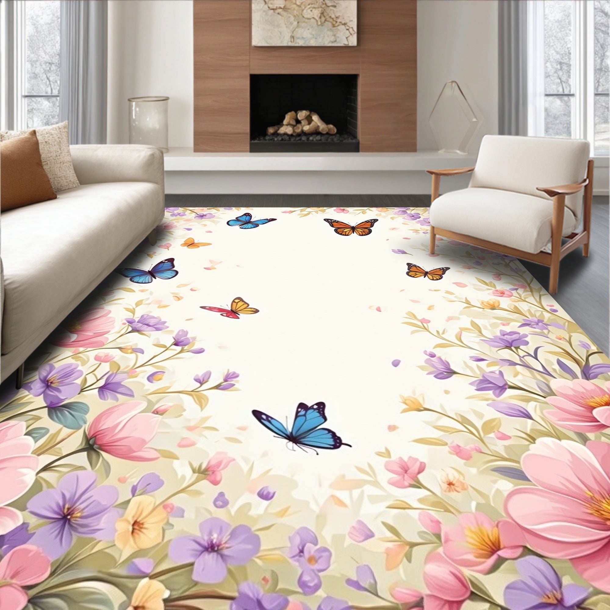 Whimsical Butterflies And Floral Meadow Rug