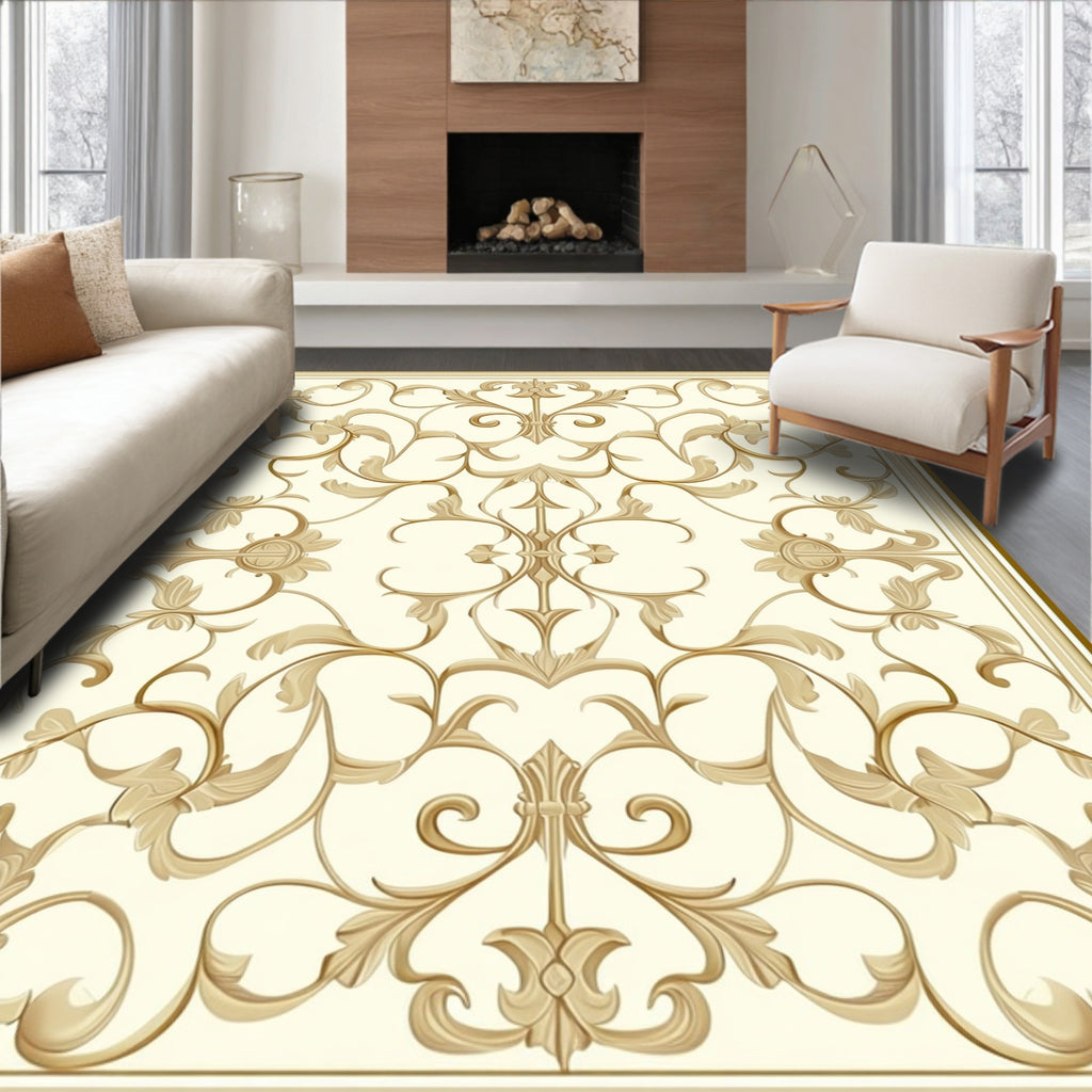 Ornate Golden Floral Scroll Pattern Rug