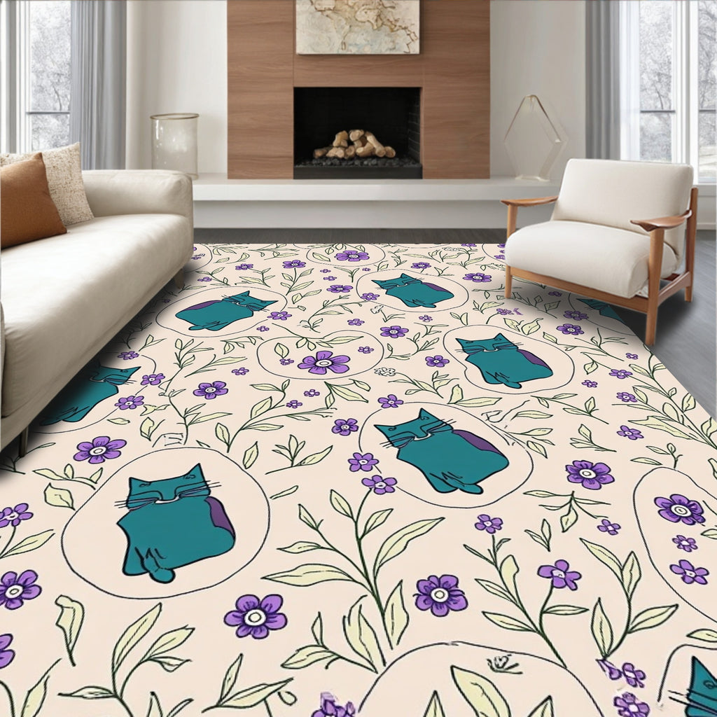 Whimsical Teal Cats Floral Pattern Rug