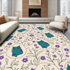 Whimsical Teal Cats Floral Pattern Rug