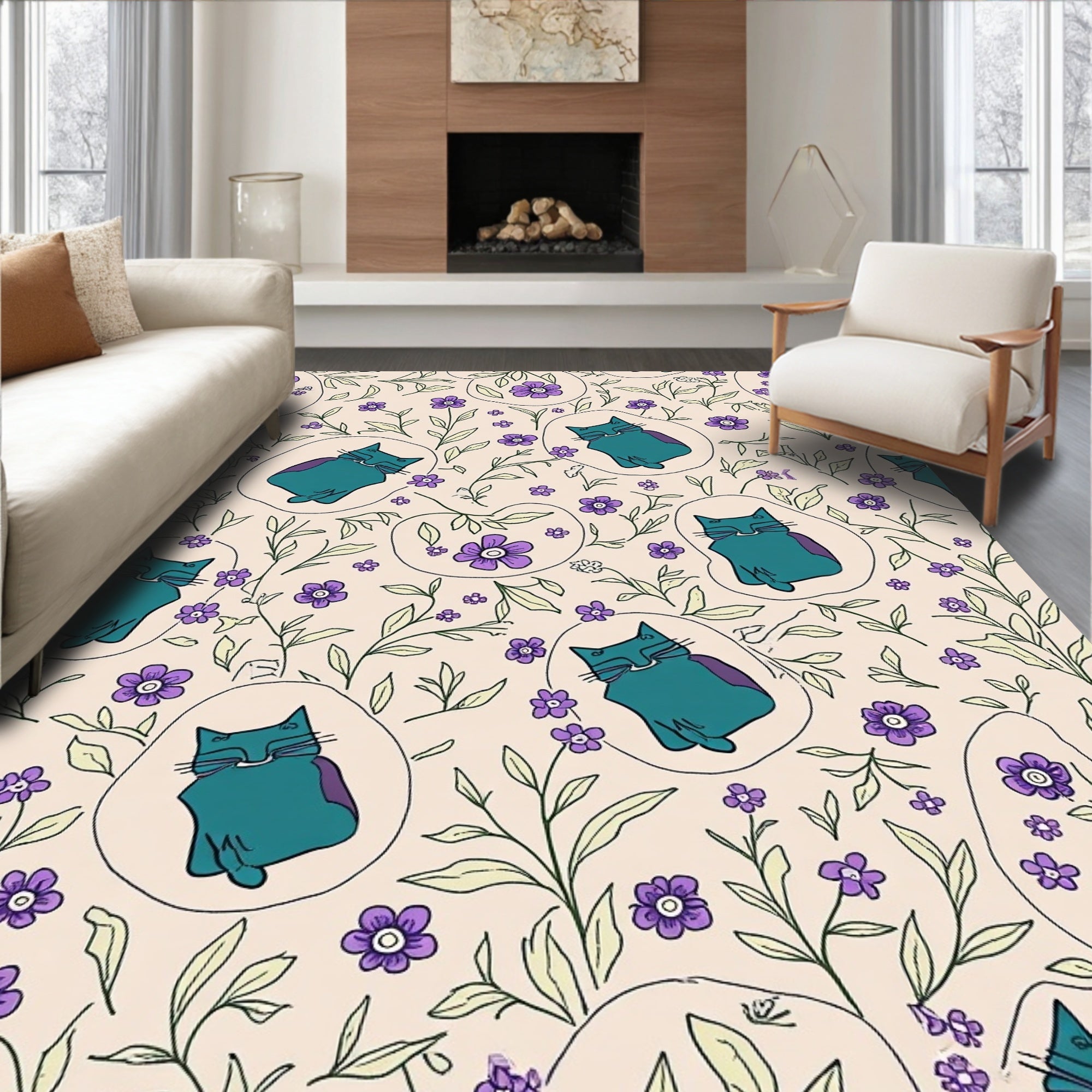 Whimsical Teal Cats Floral Pattern Rug