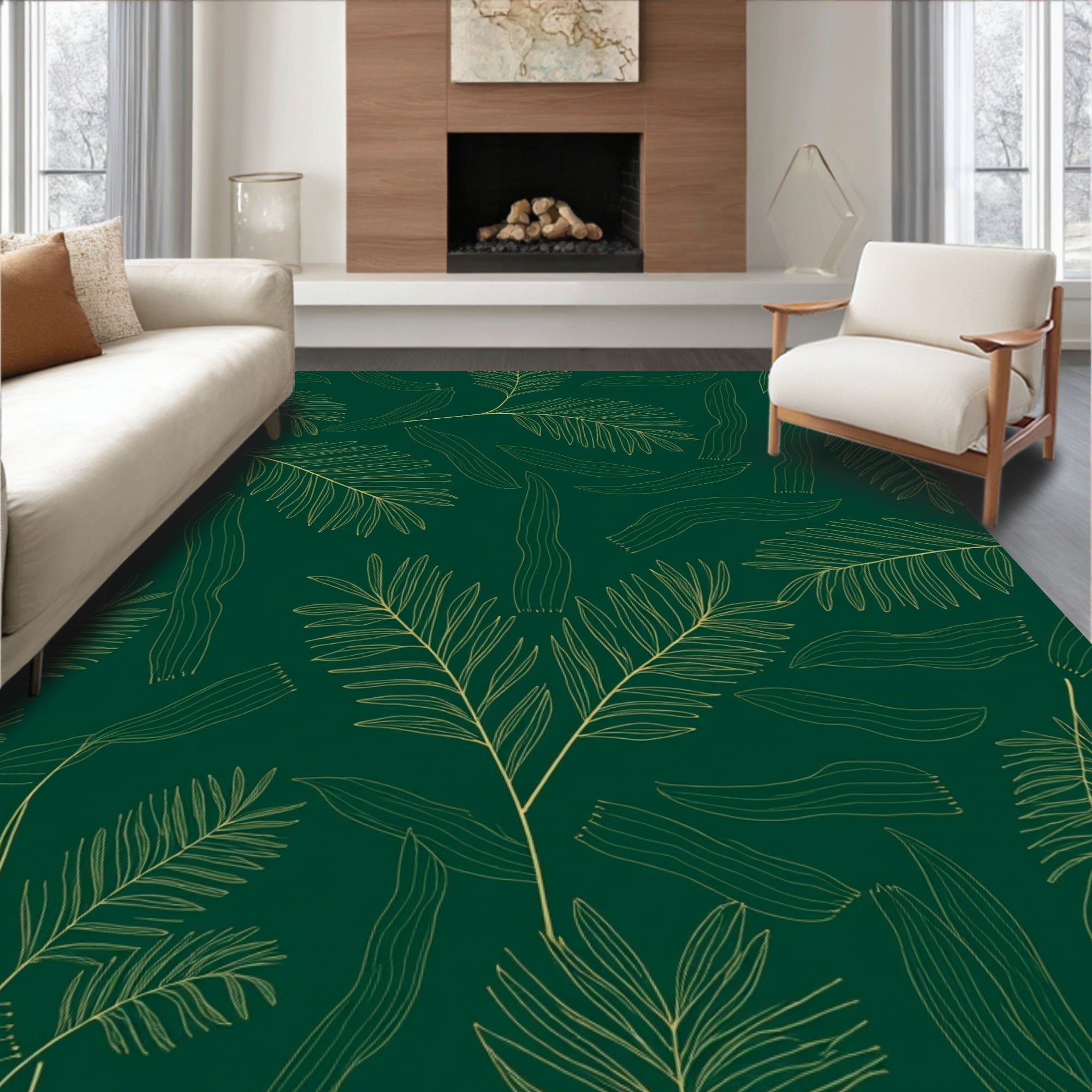 Green Gold Leafy Outline Rug
