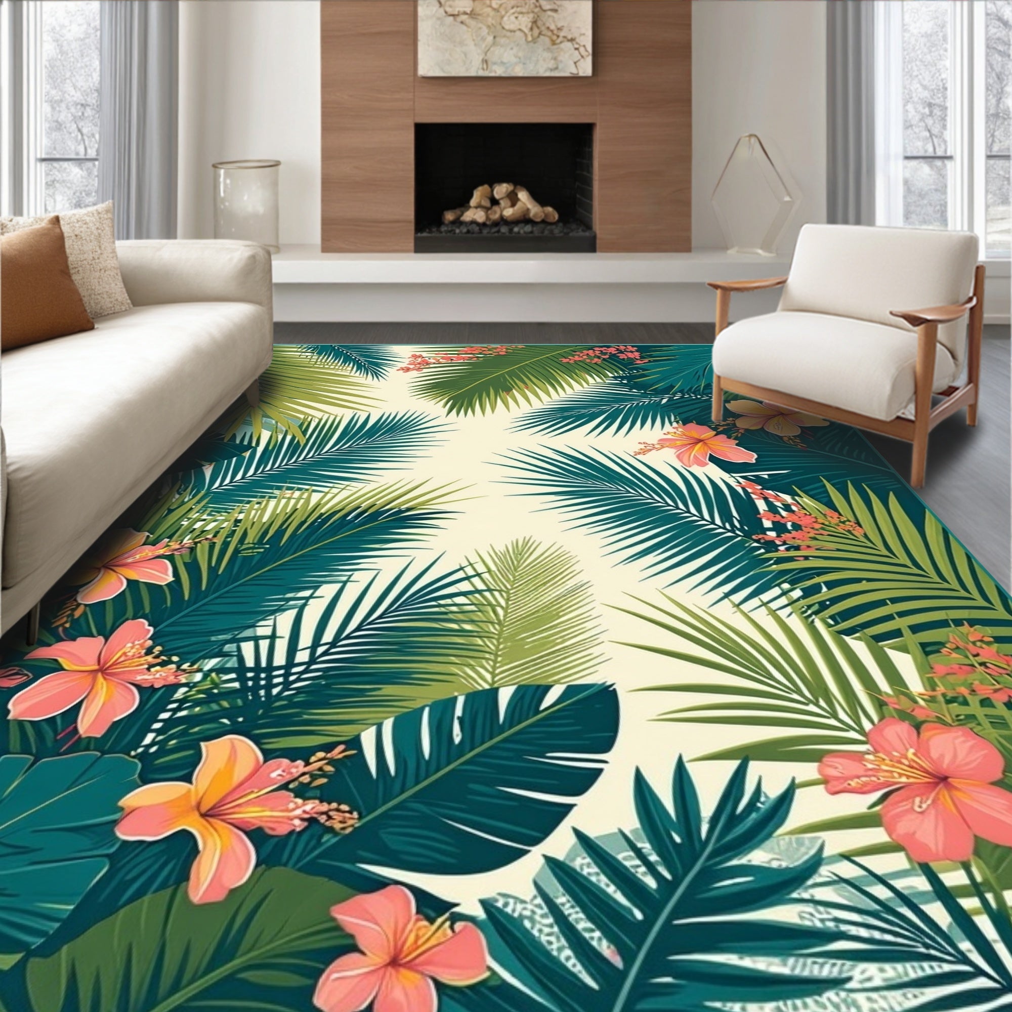 Tropical Leaf and Hibiscus Pattern Rug