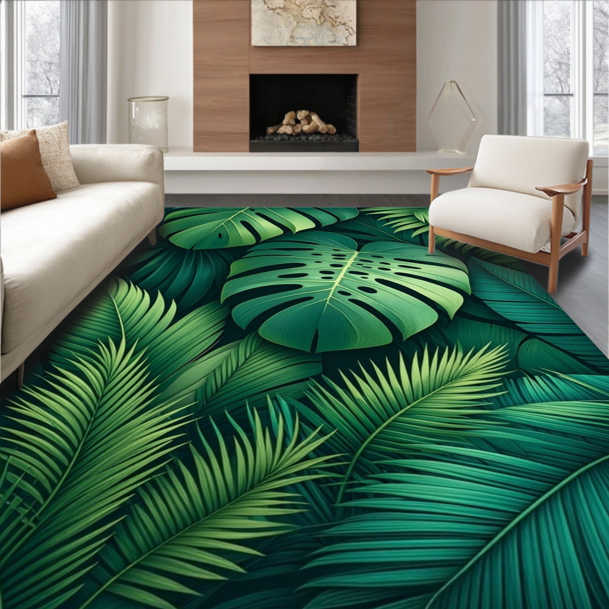 Lush Green Tropical Foliage Rug