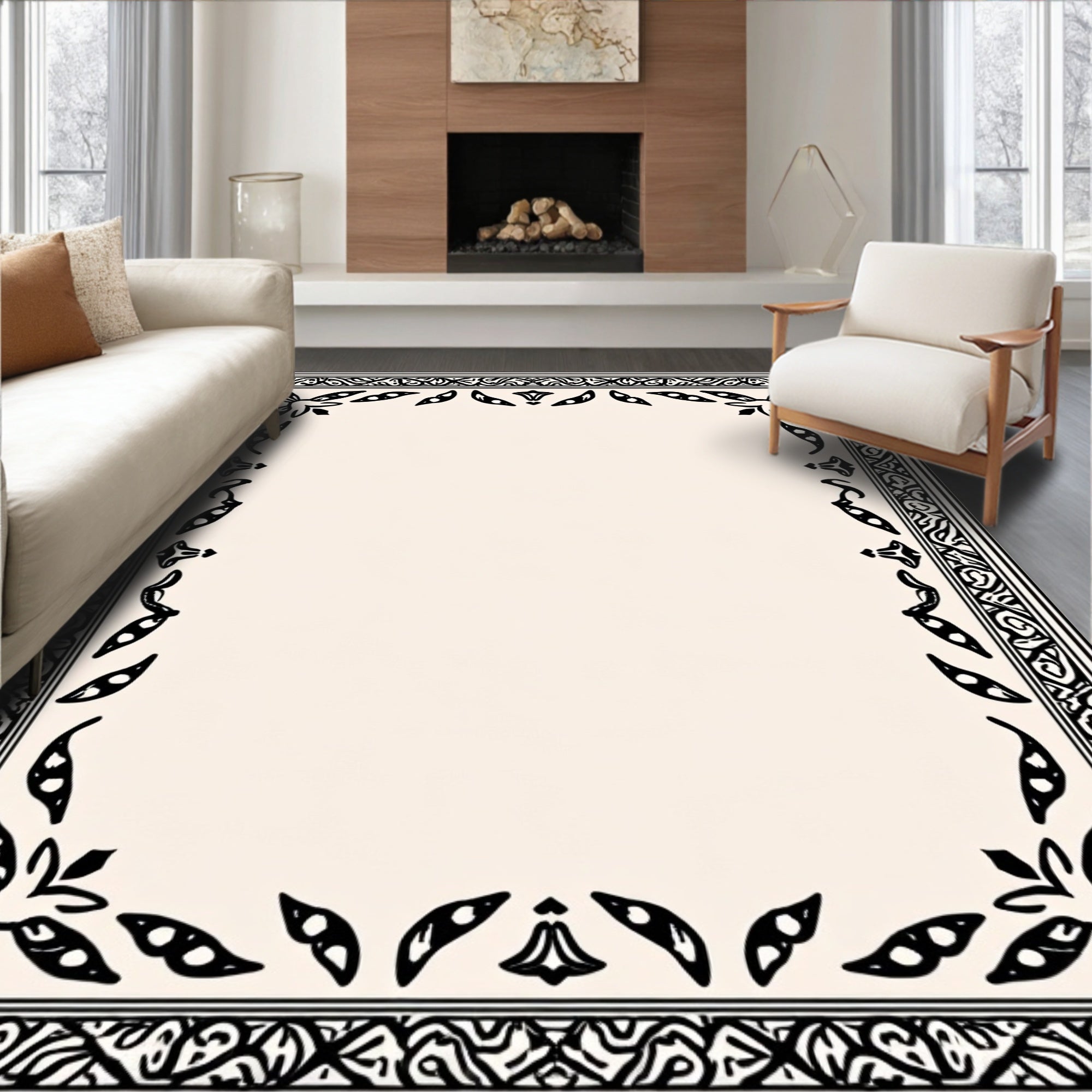 Classic Black White Floral Border Design Rug