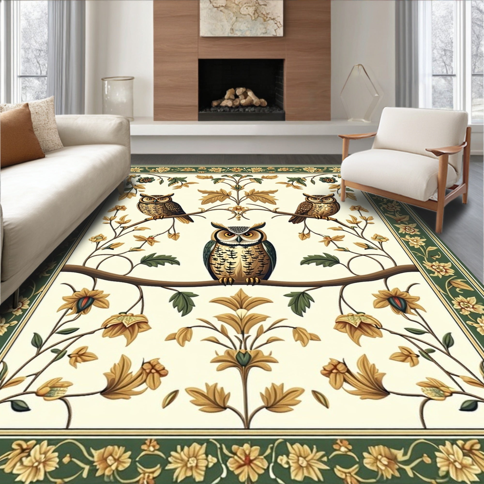 Floral Owl Woodland Animal Design Rug