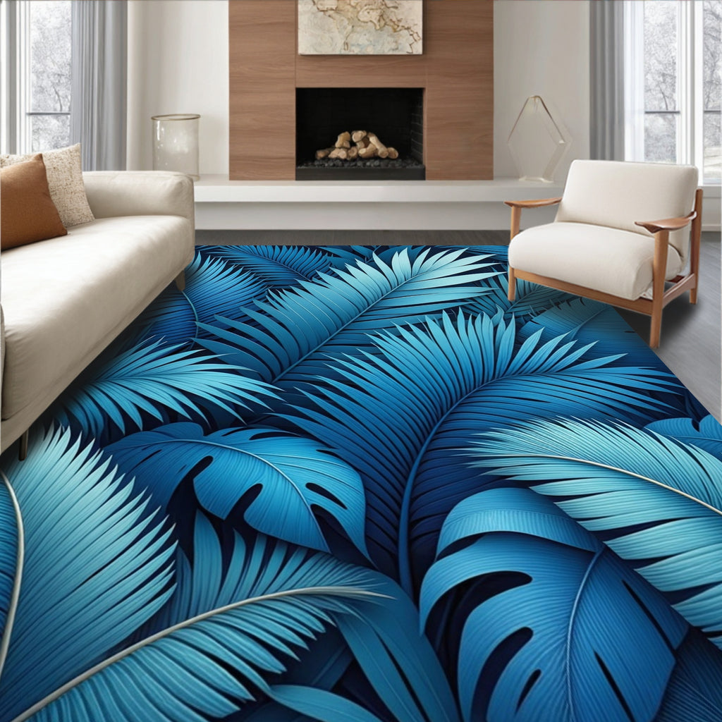 Deep Blue Tropical Leaf Pattern Rug