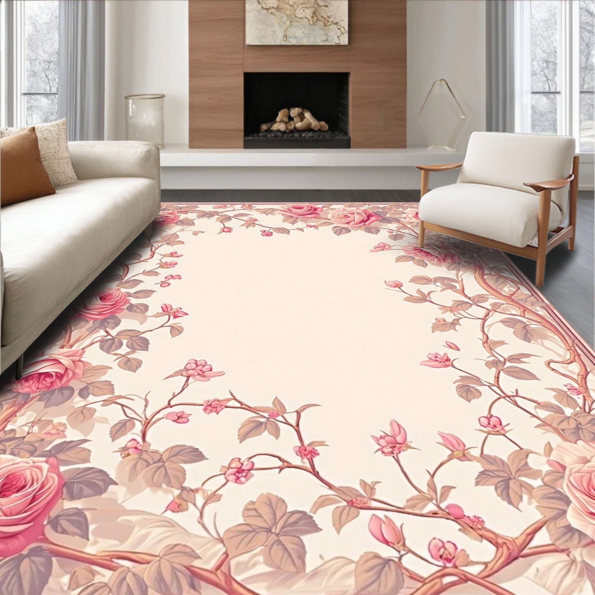 Pink Rose Vine Floral Pattern Rug