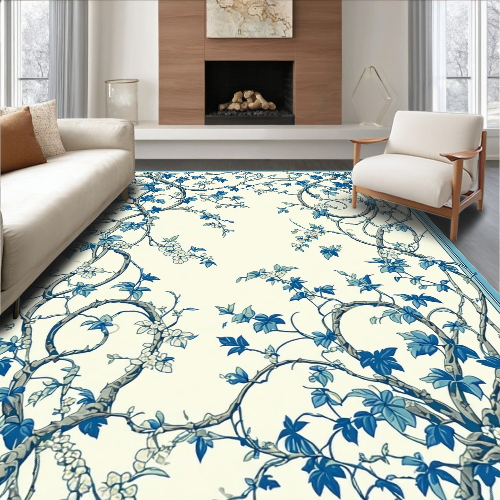 Blue Floral Vine Decorative Rug