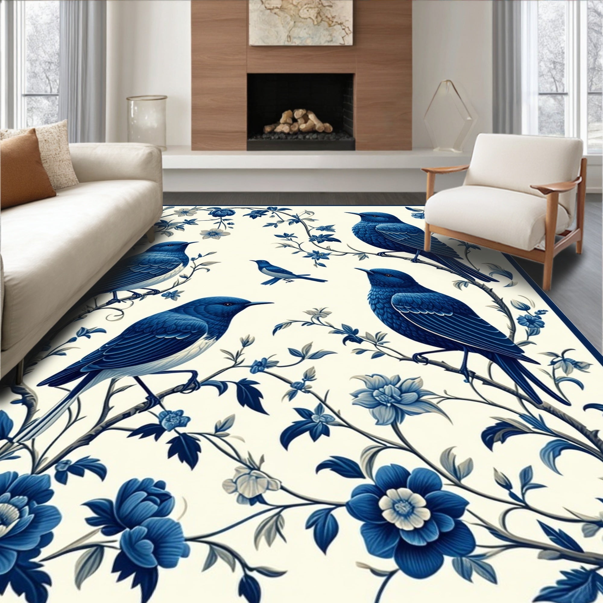 Blue Birds Blossoms Floral Design Rug