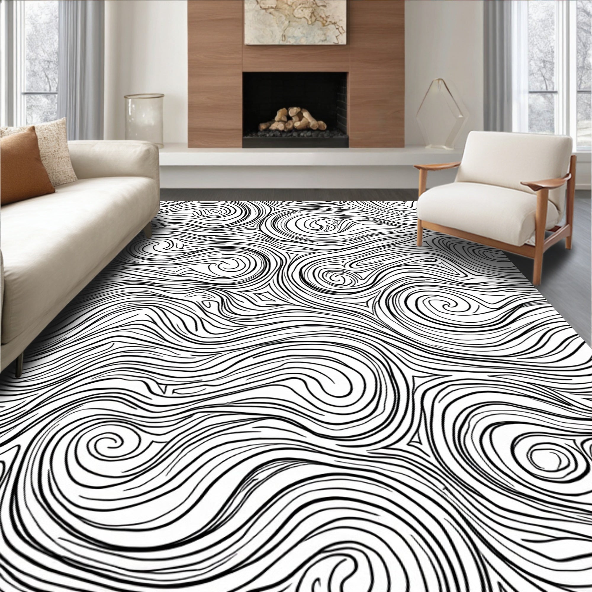 Abstract Swirling Black White Lines Rug