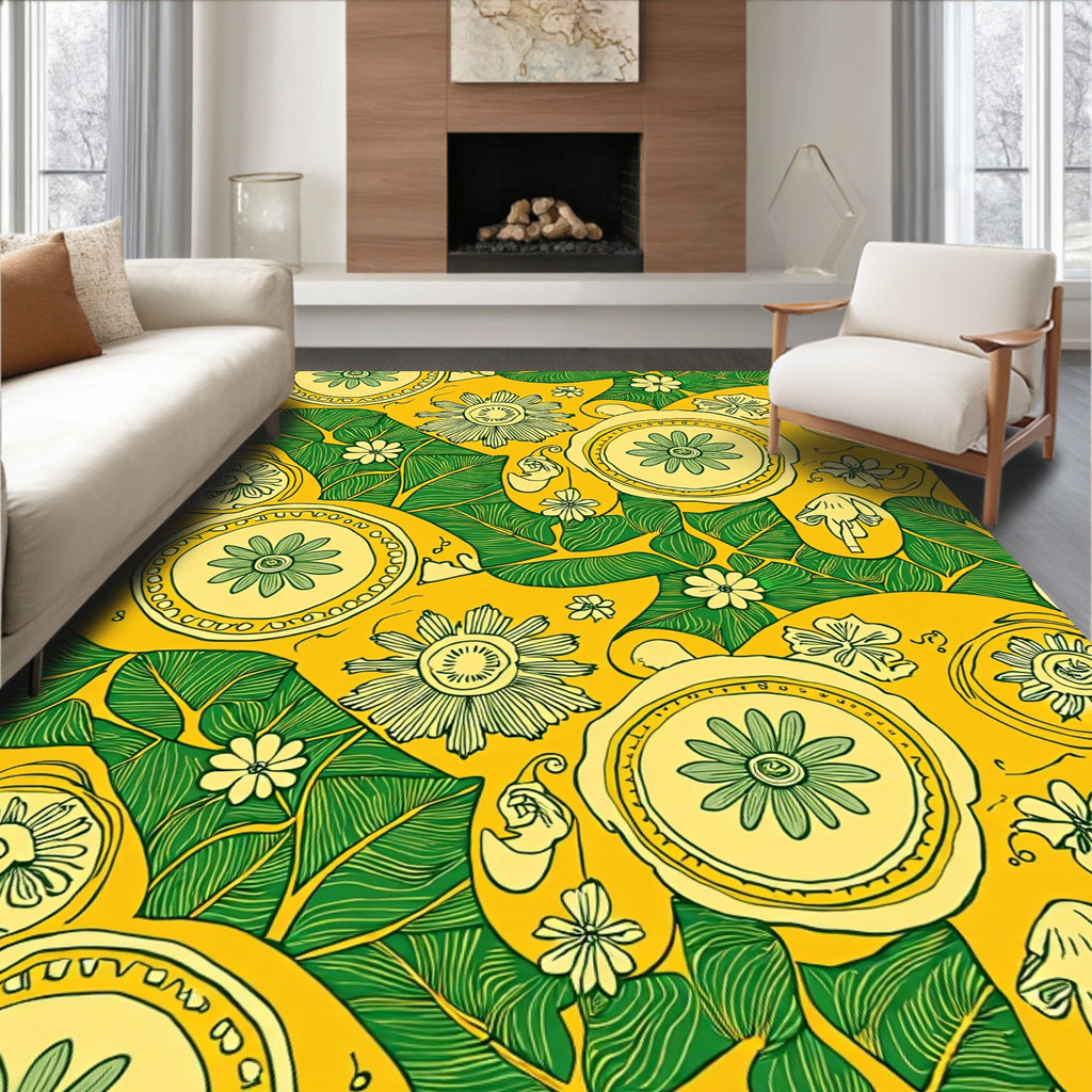 Vivid Yellow Green Floral Pattern Rug