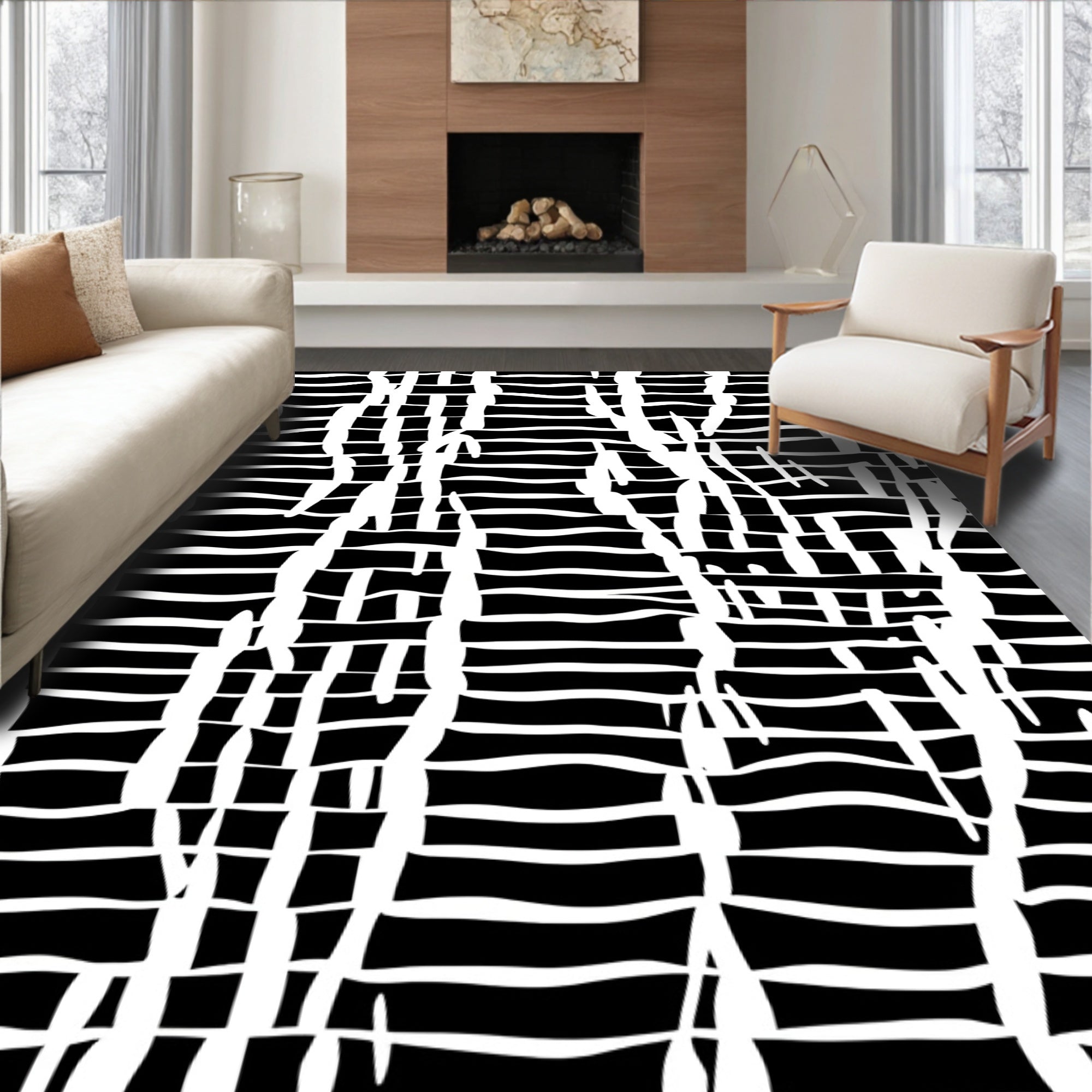 Abstract Black White Wavy Stripes Rug