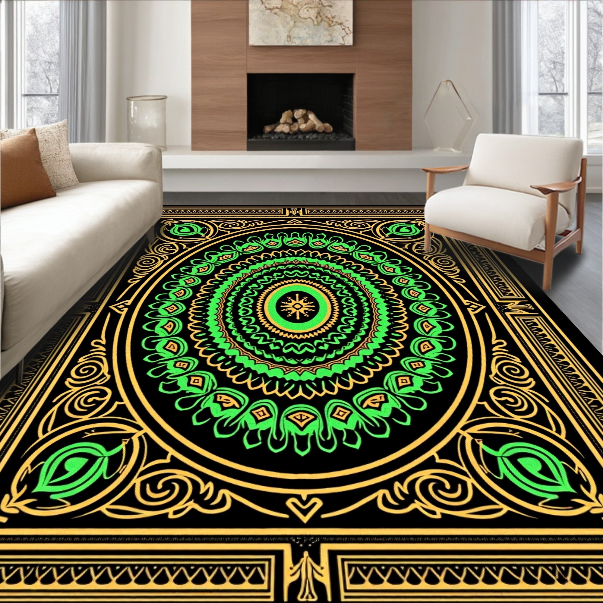 Ornate Green Gold Mandala Border Rug