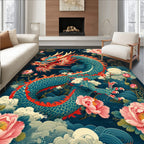 Blue Dragon Pink Peony Floral Pattern Rug