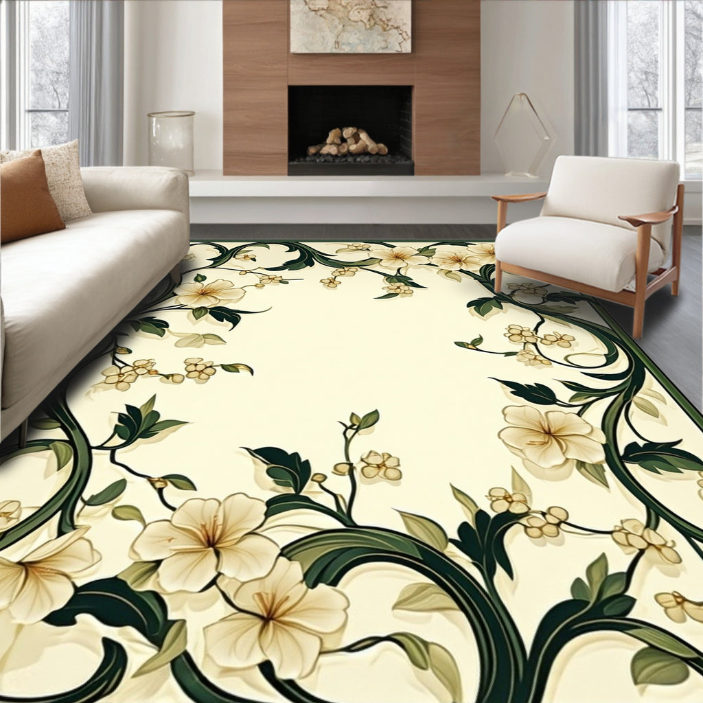 Elegant Cream Floral Vine Design Rug