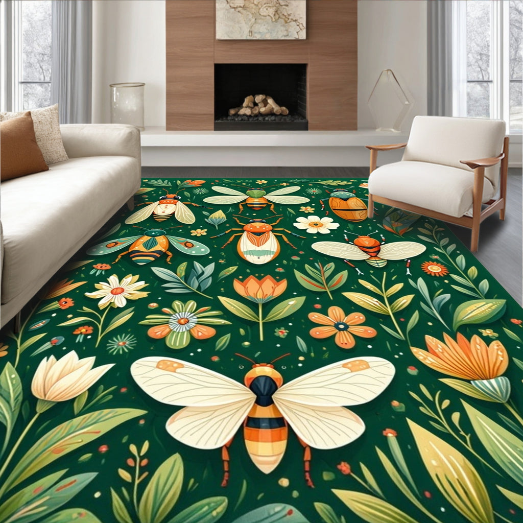 Whimsical Insects Floral Pattern Rug