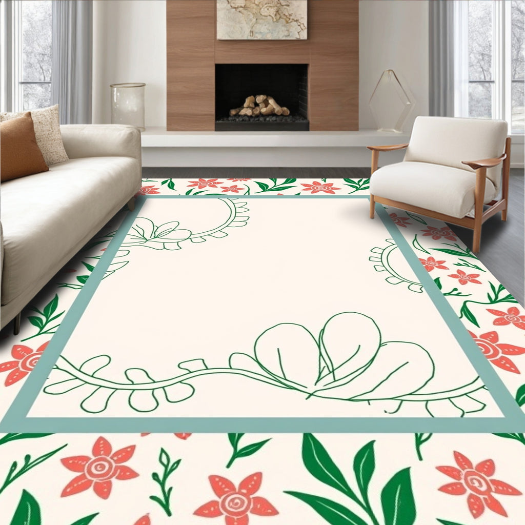 Coral Floral Vine Border Rug