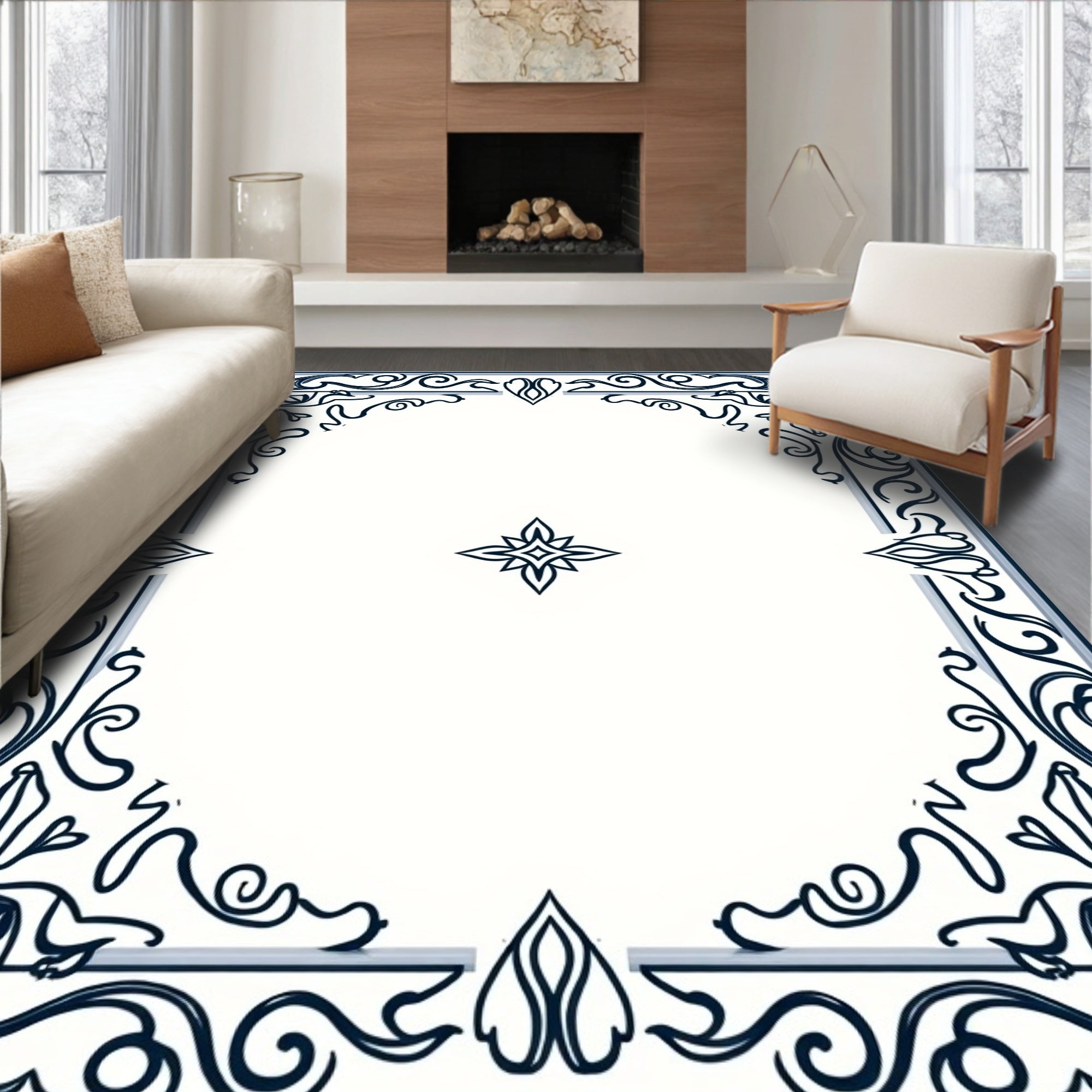 Ornate Cobalt Scroll Bloom Design Rug
