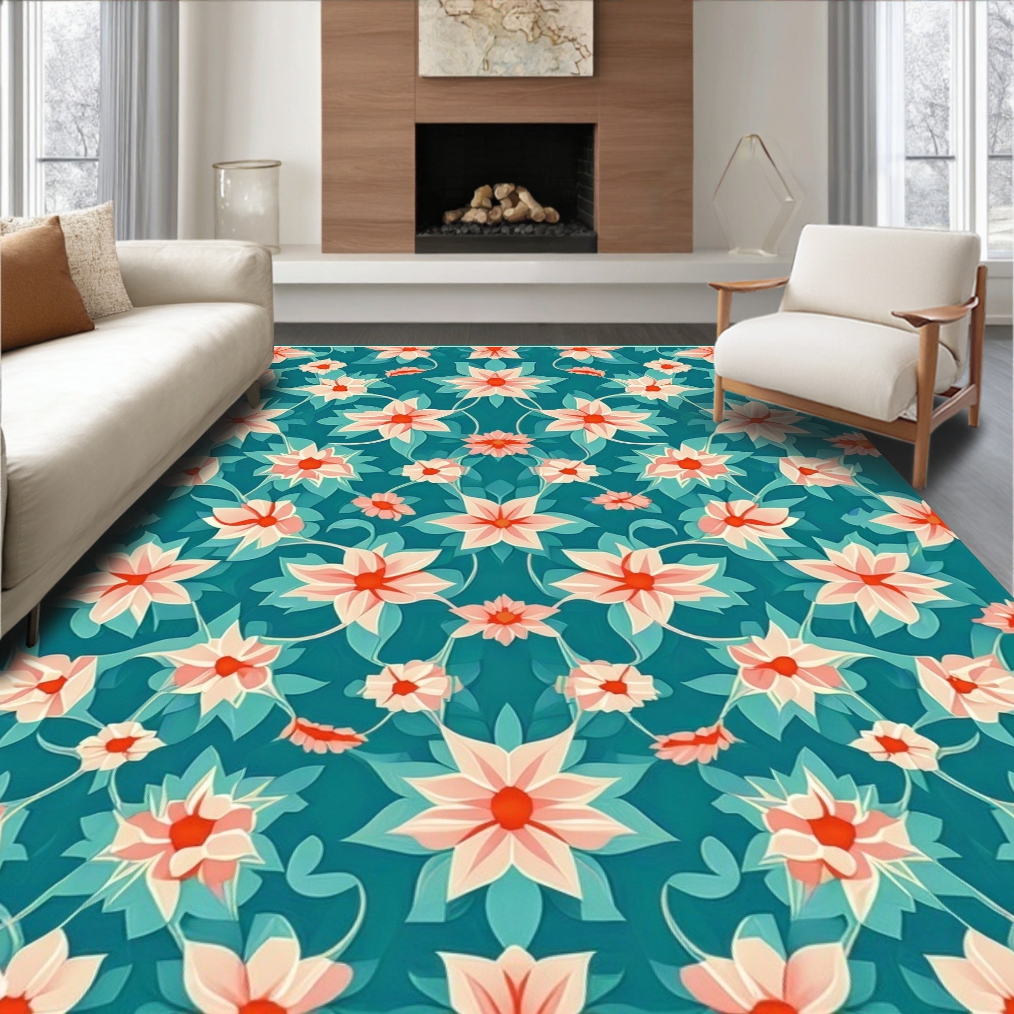 Chic Teal Floral Vine Pattern Rug