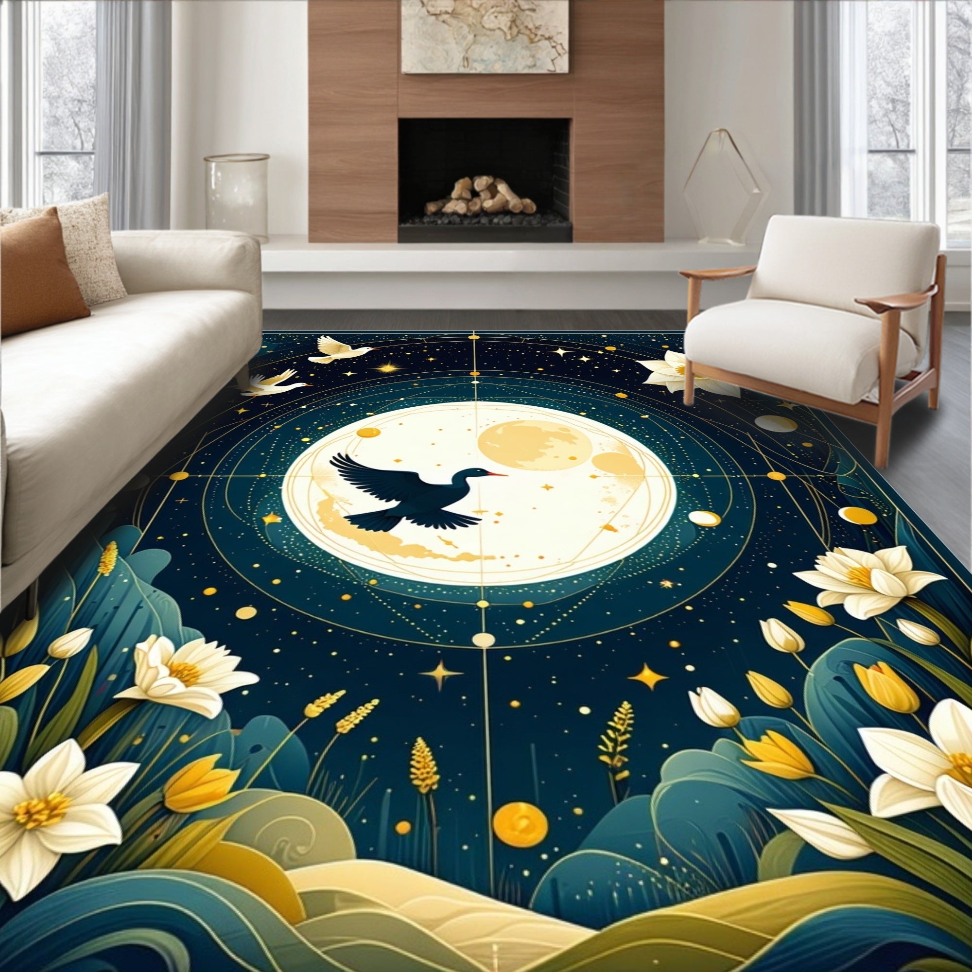 Celestial Birds Floral Night Sky Rug