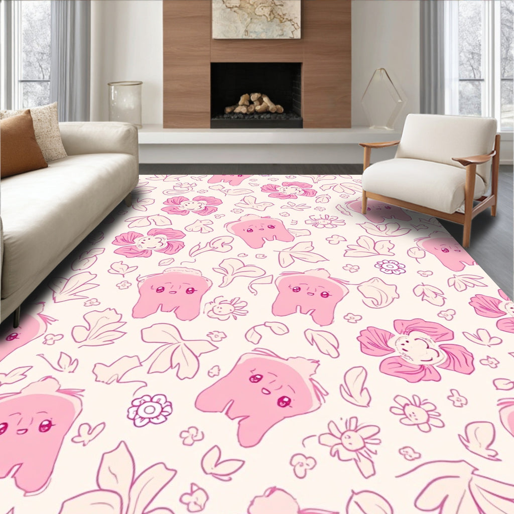 Cute Pink Tooth Floral Pattern Rug